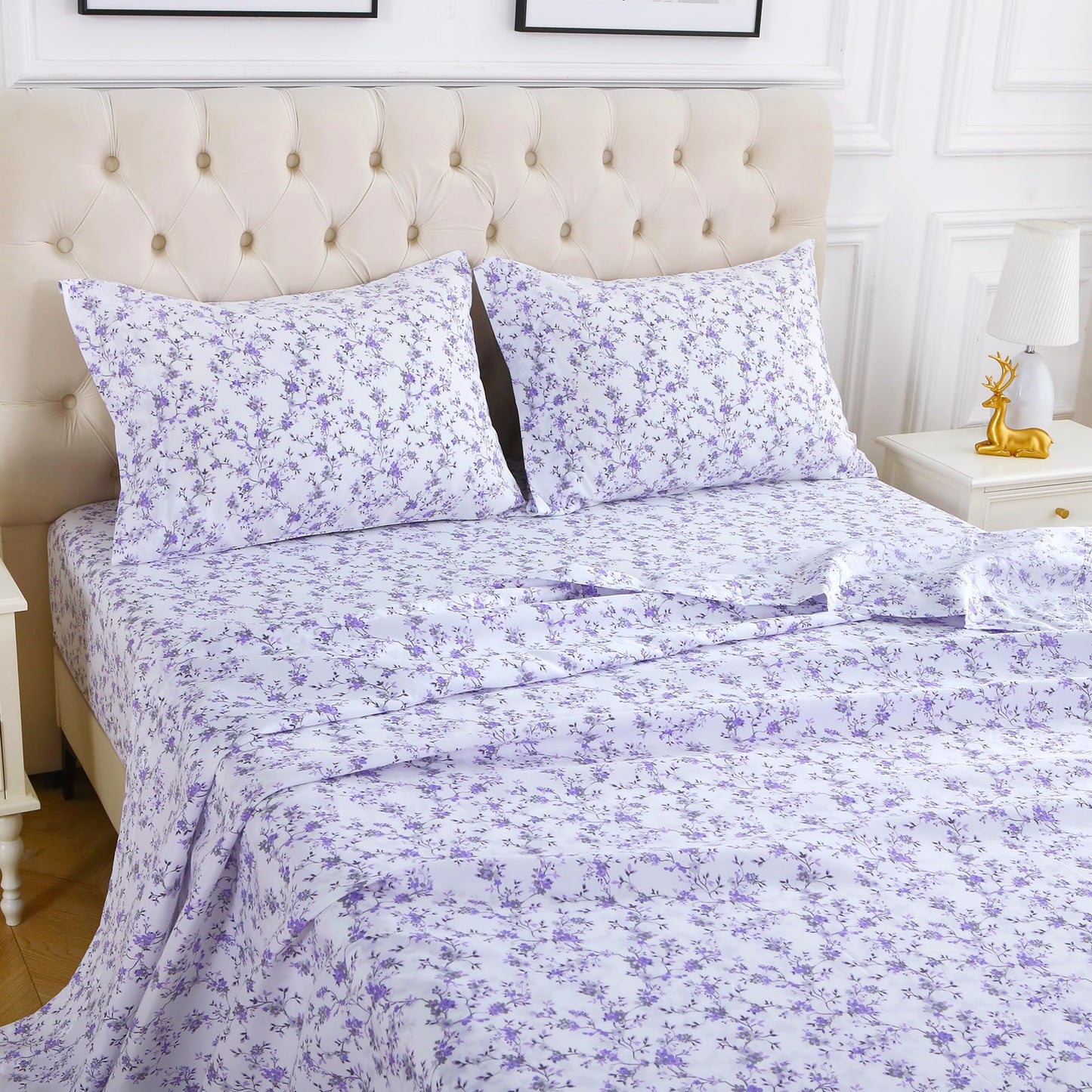 Viviland Floral Queen Sheet Set - 4 Piece Purple Lavender Botanical Patterned Bed Sheets - Soft, Breathable Microfiber Sheets with Deep Pocket, Non-Slip Fitted Sheets & Pillowcases
