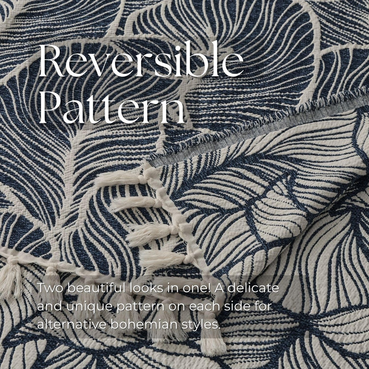 DOWN HOME Chenille Cotton Throw Blanket for Couch, Lightweight Boho Blanket for Bed Sofa Chair Living Room Outdoor Soft Woven Decorative Blanket with Tassel Gift Navy Leaves 55"x60"
