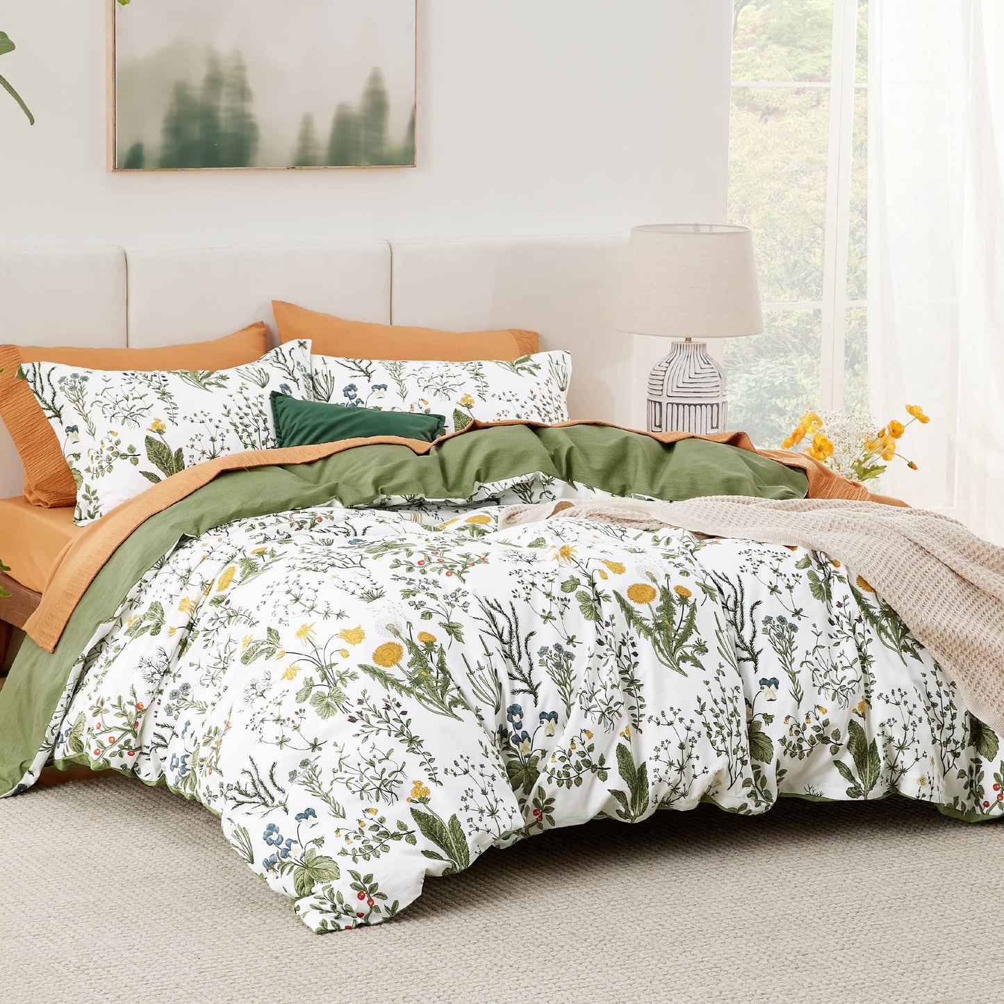 Bedsure Duvet Cover Queen Size - 100% Cotton Reversible Floral Queen Duvet Cover Set with Zipper Closure, 3 Pieces Soft & Breathable PureWoven Green Bedding Set with 2 Pillow Shams 20"x26"