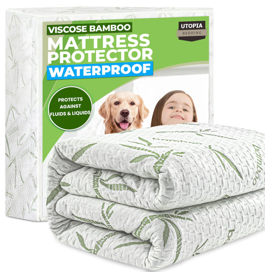 Utopia Bedding Waterproof Mattress Protector Queen Size Bed, Premium 200 GSM Bamboo Viscose Cooling Mattress Cover, Soft and Breathable, Fitted Style with 17 Inches Deep Stretchable Pockets