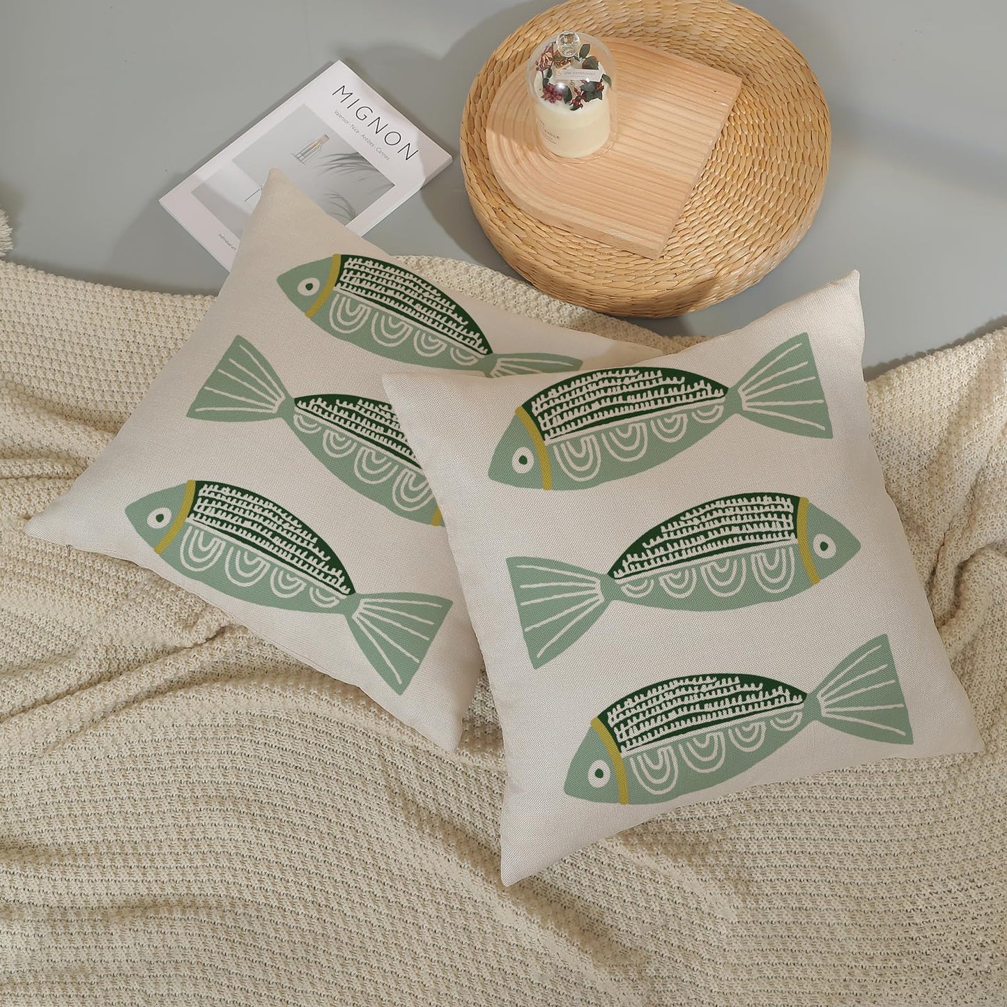 OFIRD Coastal Pillow Covers 18 x 18 Inch Set of 2,Ocean Beach Green Fish Throw Pillows Summer Nautical Outdoor Decorative Pillow Cases Square Farmhouse Cushion Case for Couch Sofa Decoration