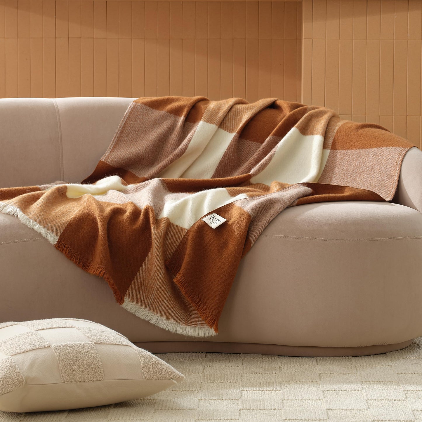 Double Stitch Alpaca Wool Throw Blanket - Warm, Soft Blanket for Couch, Luxury & Decorative Fleece Throw, Fall Plaid, Gift for Mother's Day, House Warming, 50" x 60", Harvest Brown & Cream