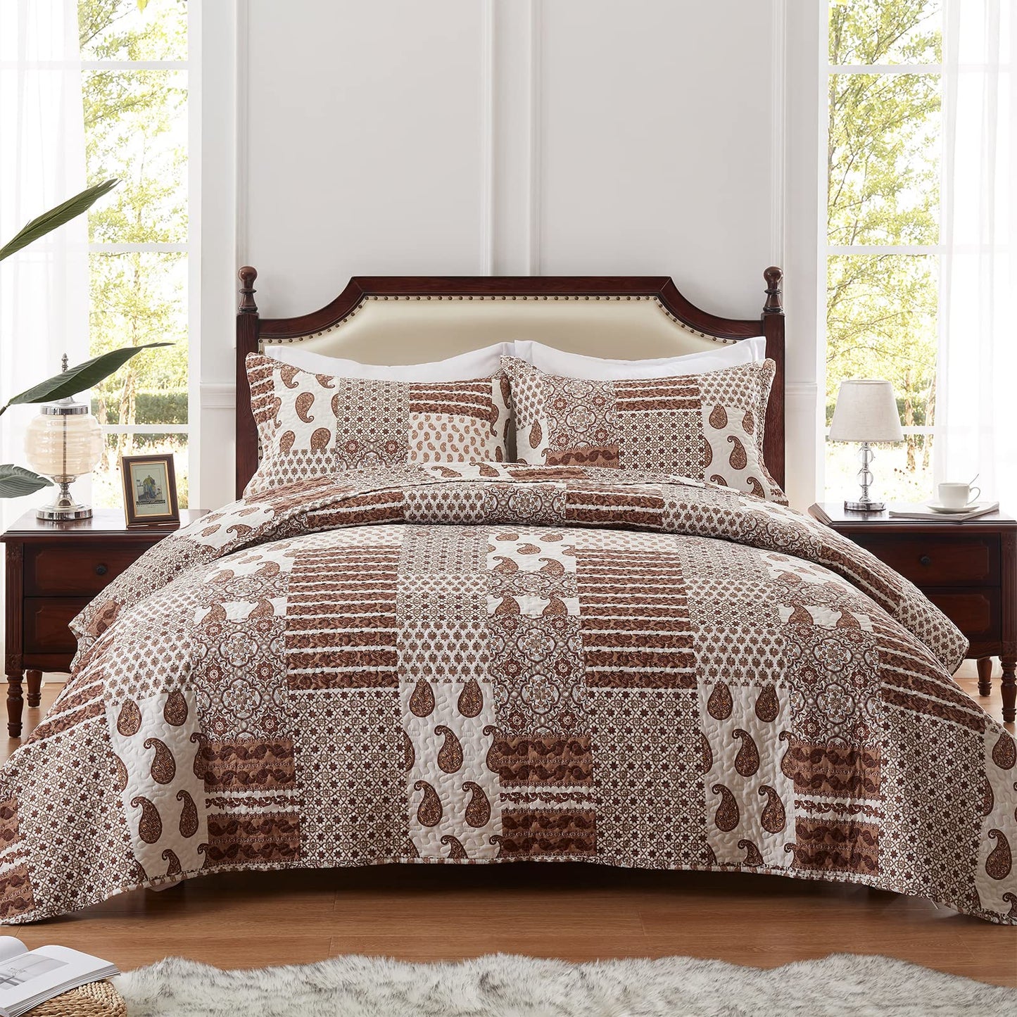 LEAONME Quilt Set King Size 3 Piece Bedspread Coverlet Lightweight Comforter Microfiber Reversible Bedding Set for All Season Oversized 98x106 Inch Bed Cover Paisley Brown (1 Quilt, 2 Pillow Shams)