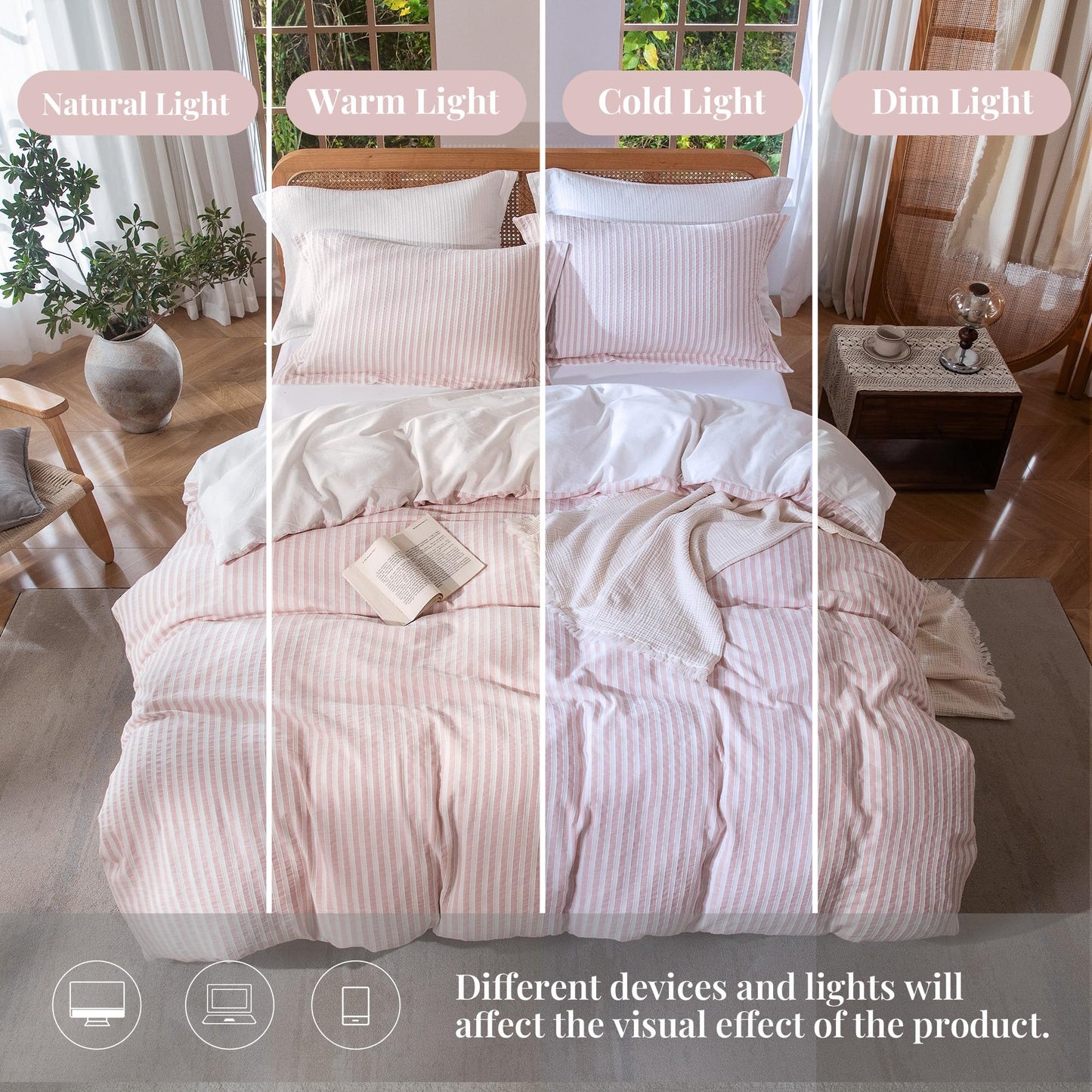 MILDLY Pink Striped Duvet Cover - 100% Washed Cotton Boho Jacquard Textured Comforter Cover Set 3pcs with Dual Zipper Closure & 8 Corner Ties Soft & Lightweight for All Season 90"x90"