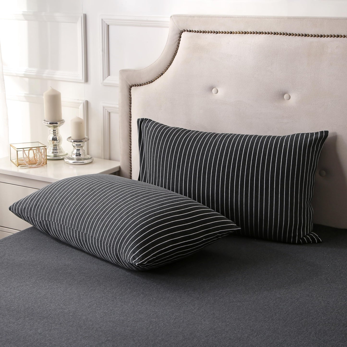 PURE ERA Jersey Knit Duvet Cover Set 100% T-Shirt Heather Cotton Super Soft Comfy Classic Striped Design, with Zipper Closure, Black & White Pinstripe, King