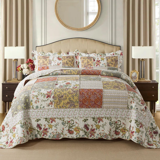 Etwel Patchwork Quilt Set Queen Size, 100% Cotton Bedspread, Reversible Lightweight Comforter Set with 2 Pillow Shams for All Seasons, Floragrid Beige, Queen Size 90"x90"