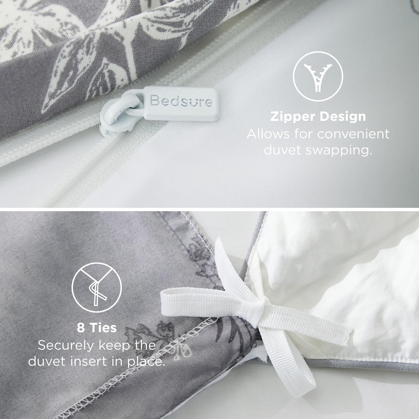 Bedsure Duvet Cover King Size - Reversible Floral Duvet Cover Set with Zipper Closure, 3 Pieces Grey Bedding Set with 8 Corner Ties and 2 Pillowcases 20"x36"