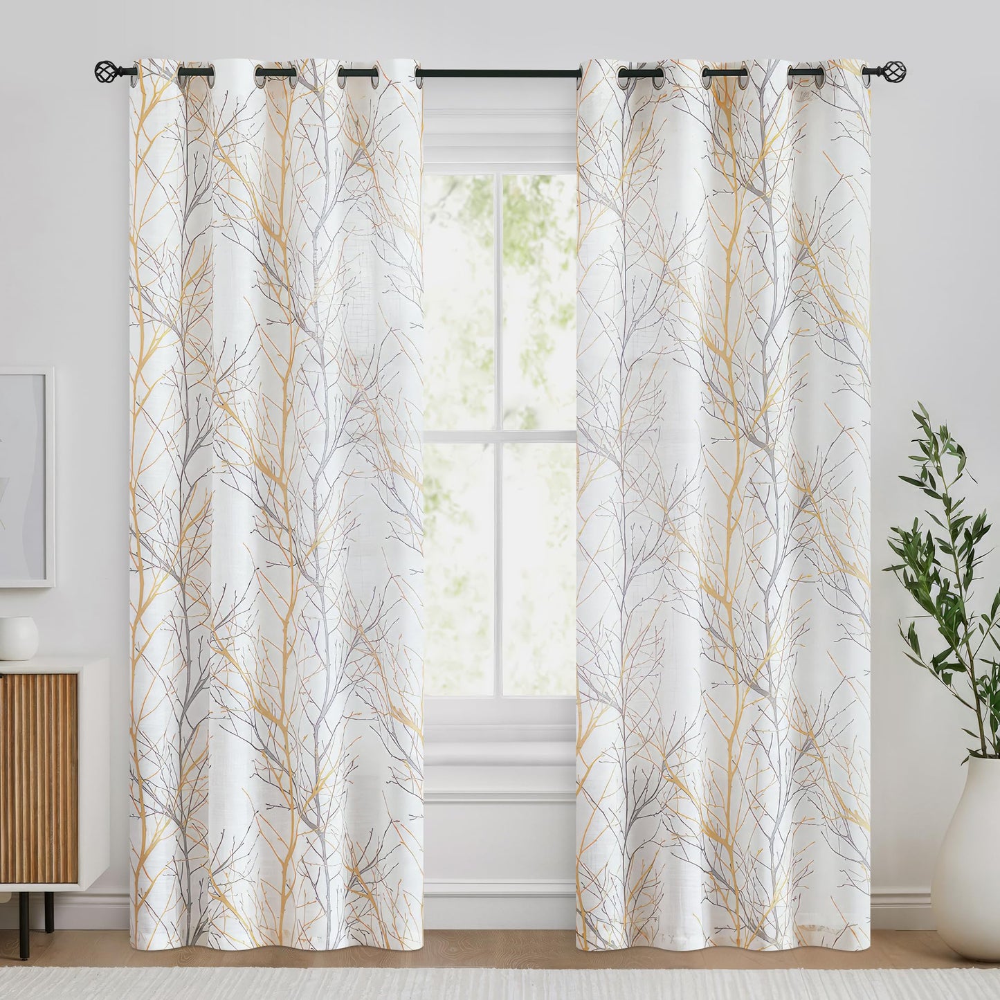 FMFUNCTEX Linen Semi Sheer Curtains for Bedroom, Yellow White Curtains 84 Inches Long for Living Room, Grey Tree Branch Print Curtain Light Filtering Farmhouse Window Drapes, Grommet Top 2 Panels