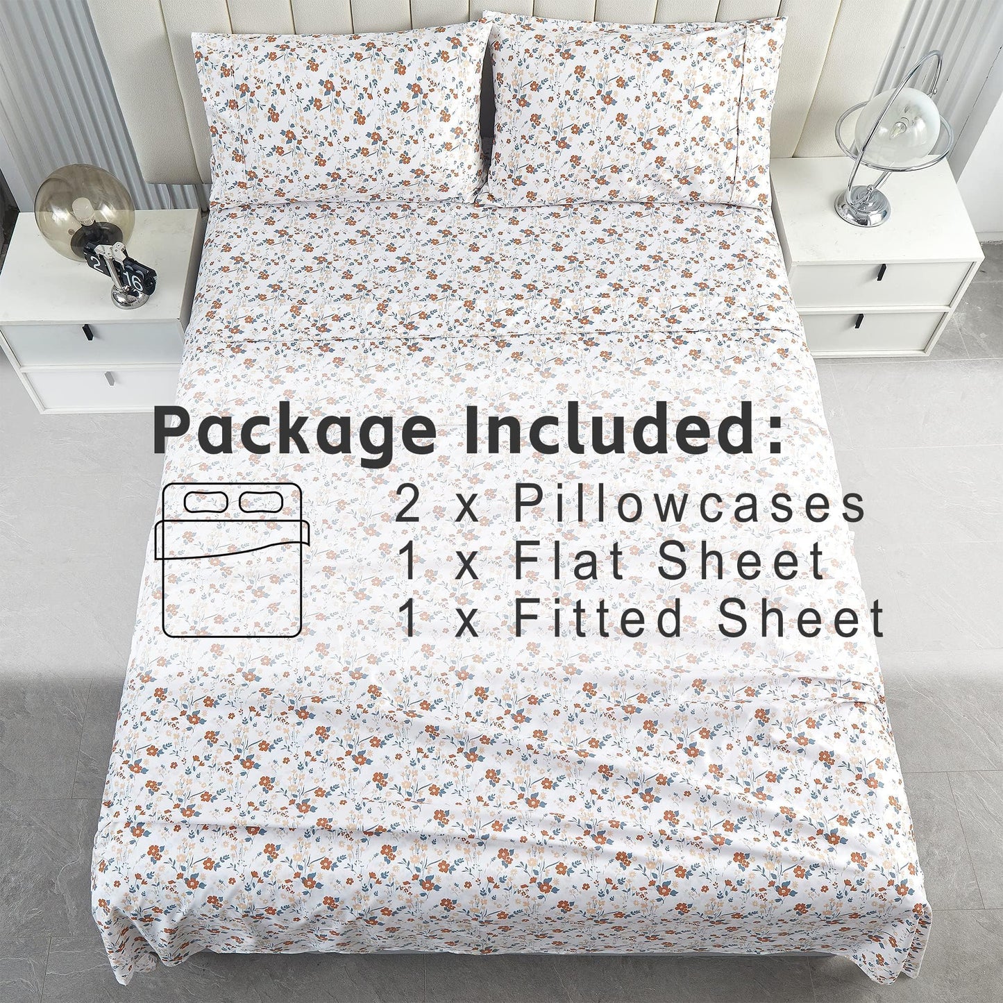 Softan Floral Queen Sheet Set Orange Flower Printed Bed Sheets - 4 Piece Soft Microfiber Patterned Fitted Sheets with 15" Deep Pocket and Corner Straps, Cute Spring Sheets & Pillowcase Set
