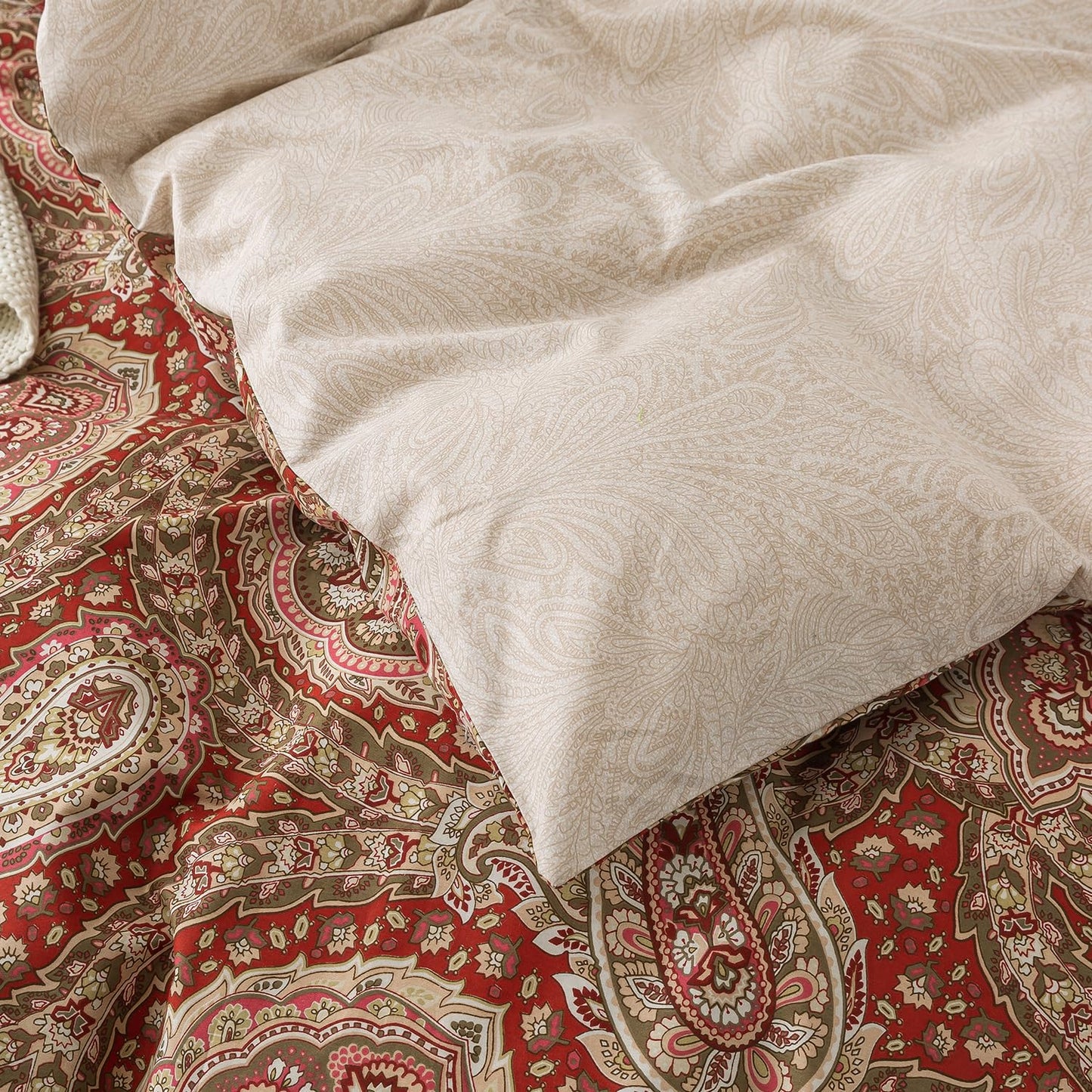 Zusbest Burgundy Duvet Cover Set Queen Size 100% Percale Cotton Red Beige Paisley Comforter Cover Toile Printed Bedding Luxury Crisp Soft Reversible Floral Bedding 3Pcs, Queen
