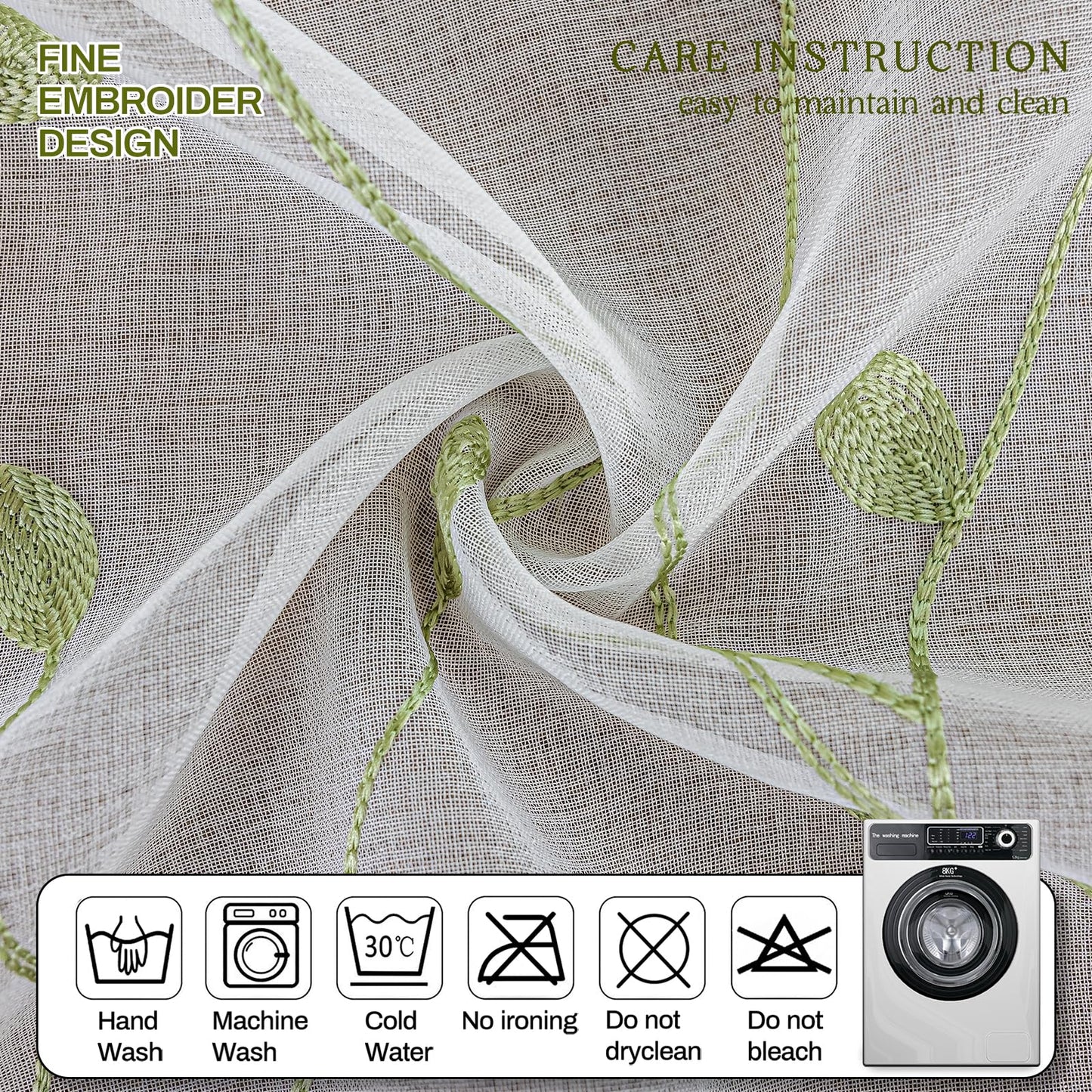 AmHoo 2 Panels Embroidered Leaf Pattern Semi Sheer Curtains Foliage Floral Voile Window Draperies Treatment for Bedroom Living Room Rod Pocket White Light Green 53 x 95 Inch