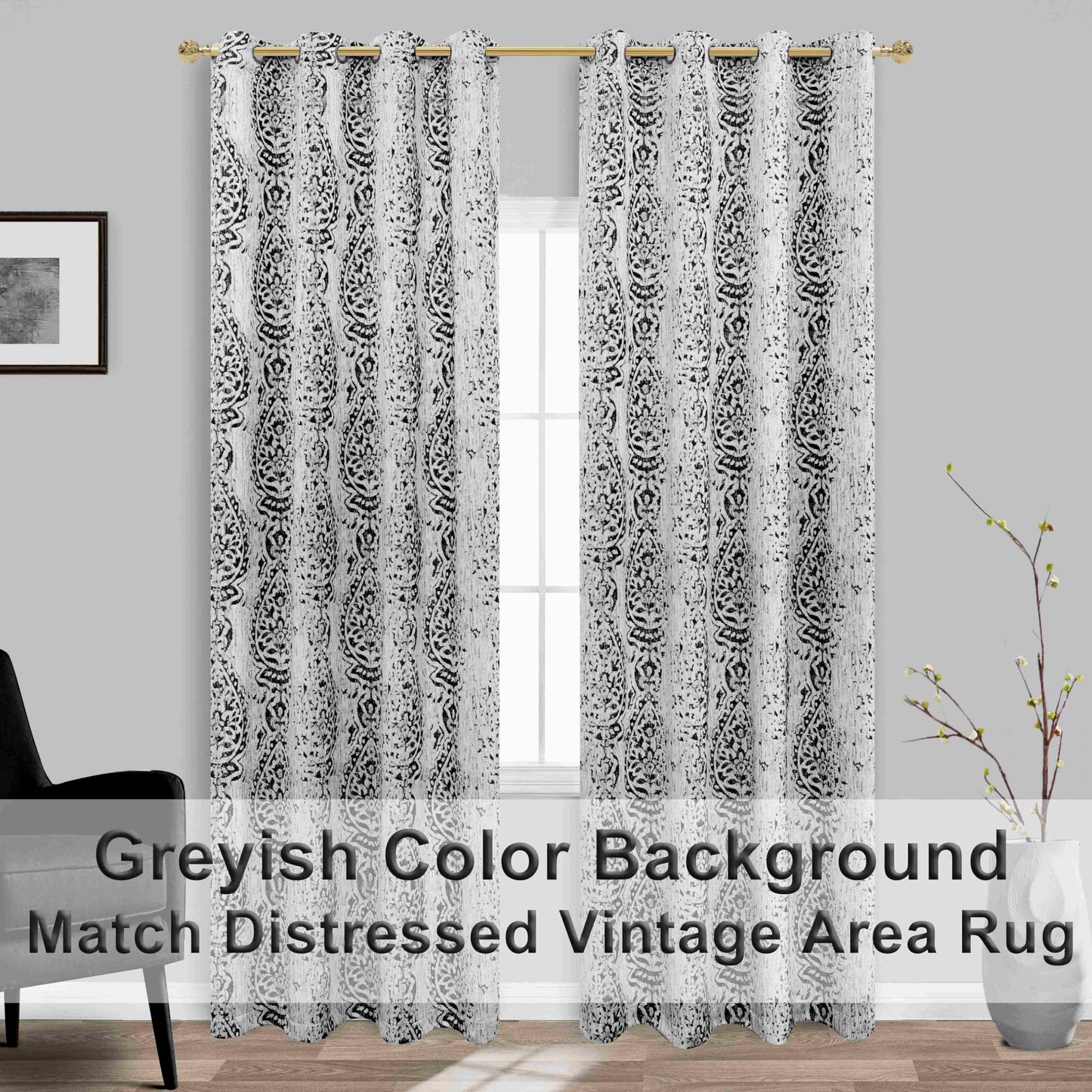 Black and Grey Cream Living Room Curtains 84 Inches Long Damask Patterned Dark Light Blocking Window Treatments Room Curtains Drapes for Bedroom,52x84 Inch Length 2 Panels Set