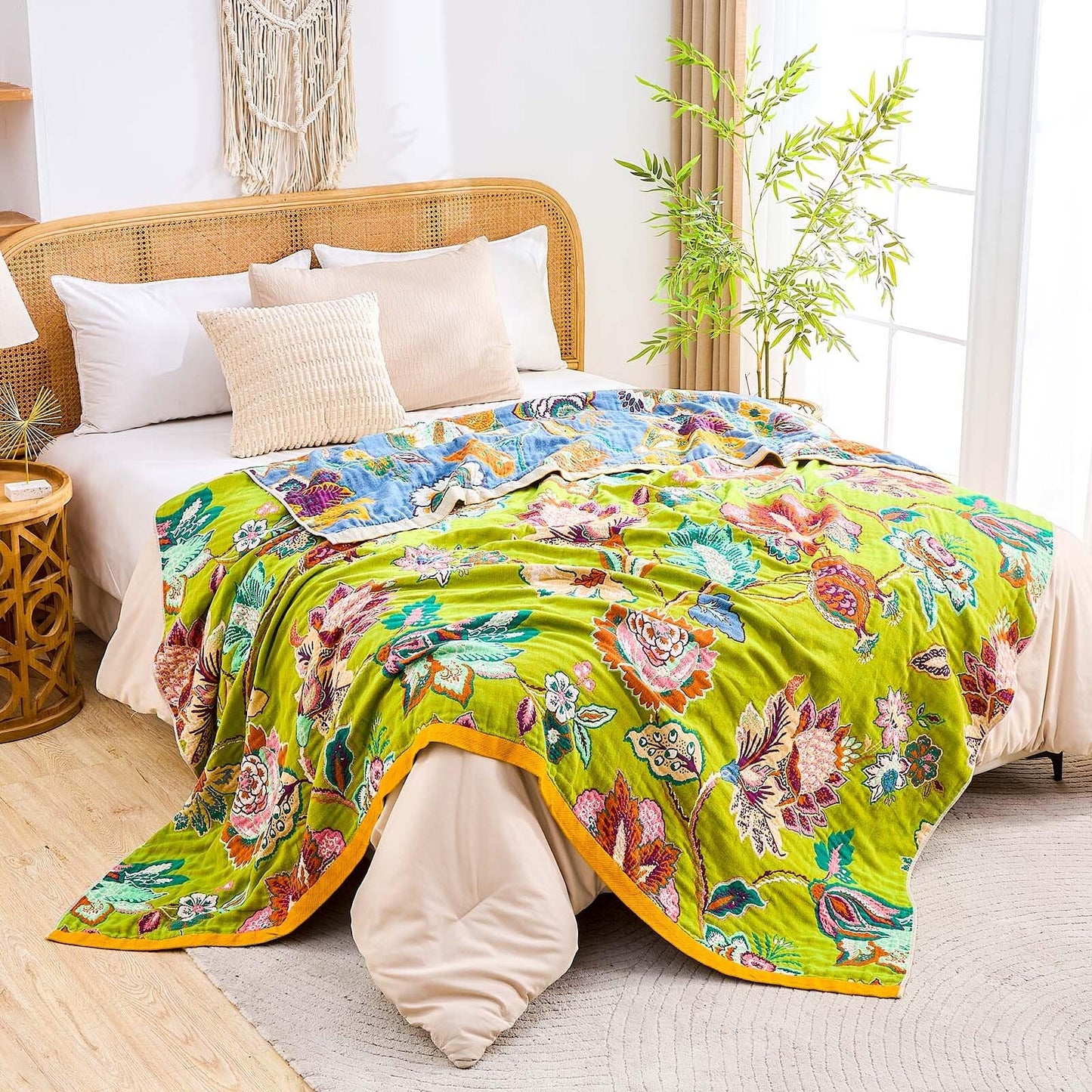 XIBLC Fall Throw Blanket, 100% Cotton Soft Rustic Boho Throw Blanket for Bed, 60"x80" Farmhouse Decor Bed Flower Blankets, Light Weight Reversible Bohemian Throw Quilt