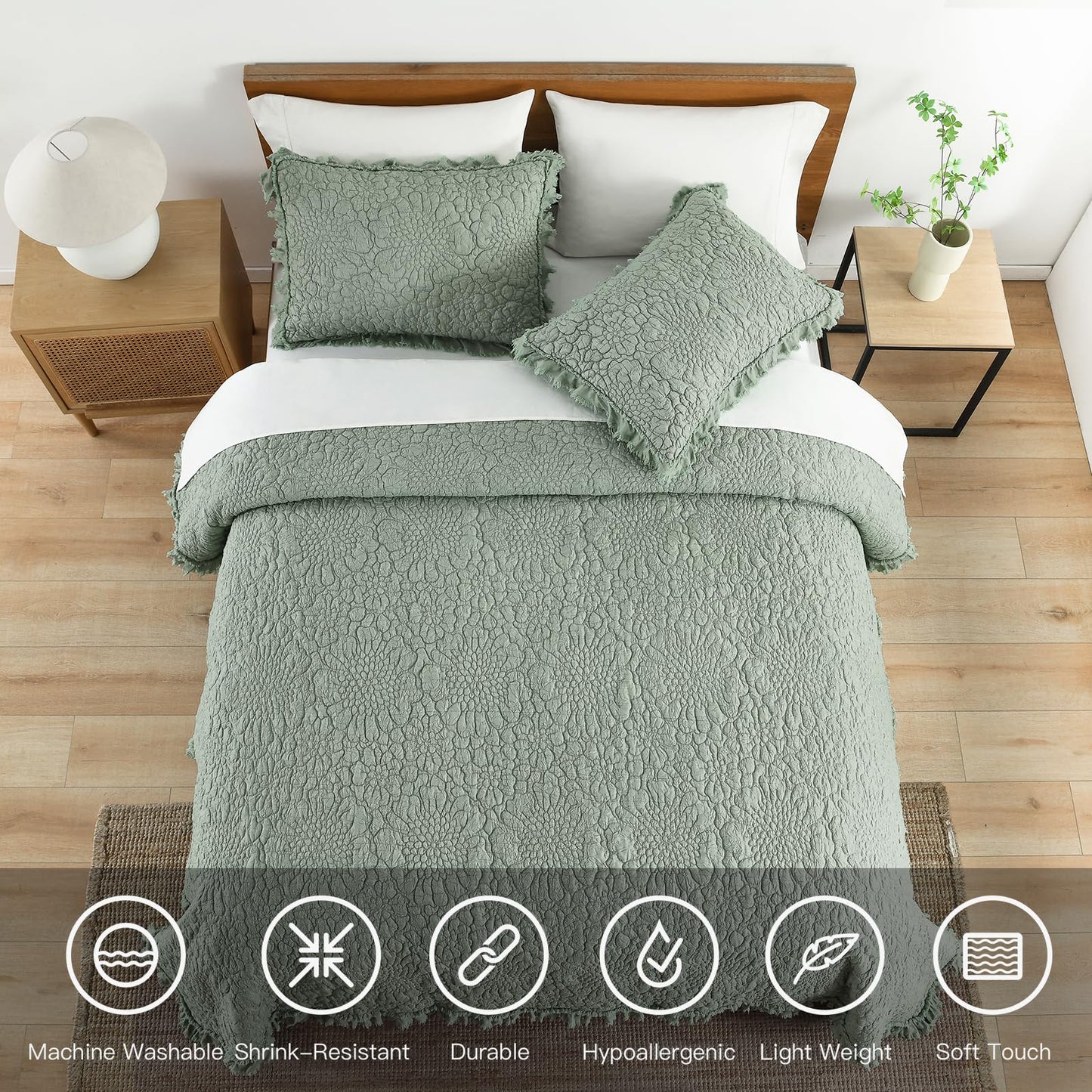HORIMOTE HOME Sage Green Ruffled Quilt King Size, Shabby Chic Floral Quilt Set Lightweight Crinkled Farmhouse Rustic Bedding Set, 3 Pieces Reversible Bedspread with 2 Pillow Shams for All Season