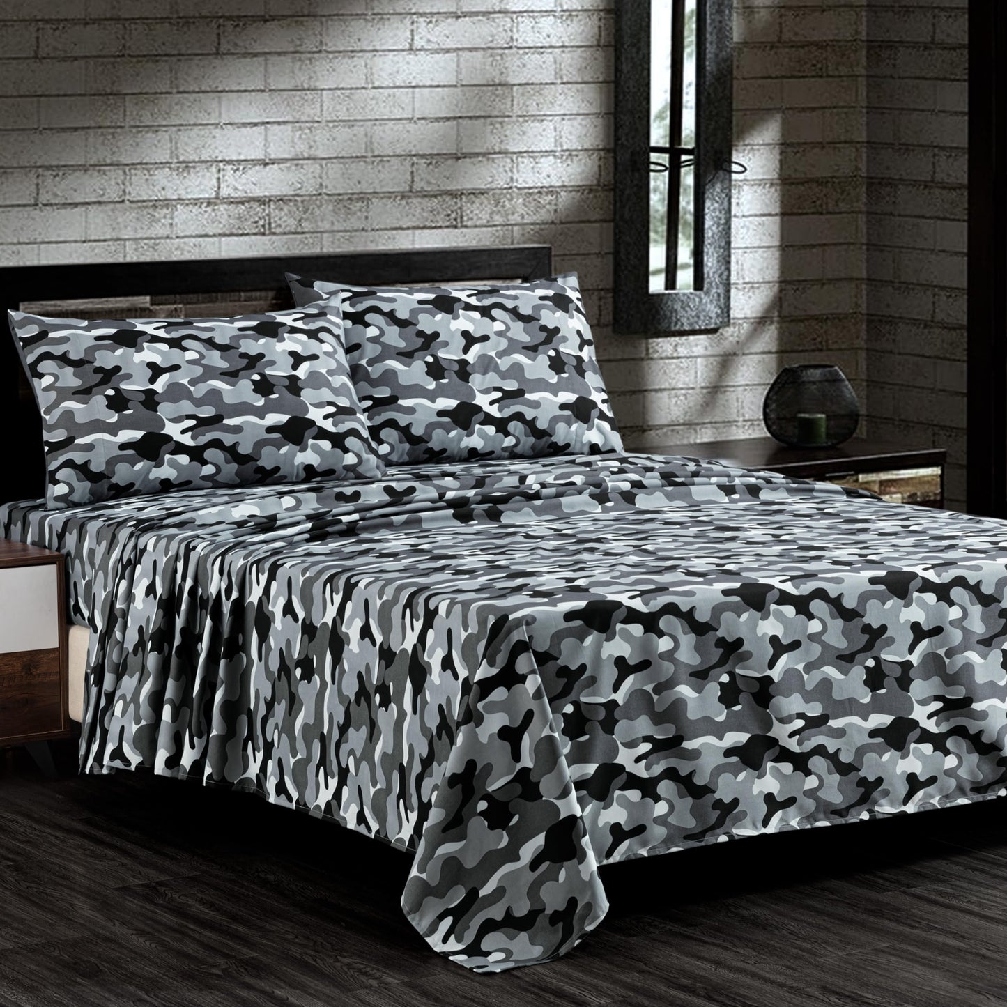 Chezmoi Collection Military Camo 4-Piece Sheet Set - Camouflage Black Gray Printed Microfiber Soft Breathable Deep Pocket Sheets and Pillowcases Set, Queen Size