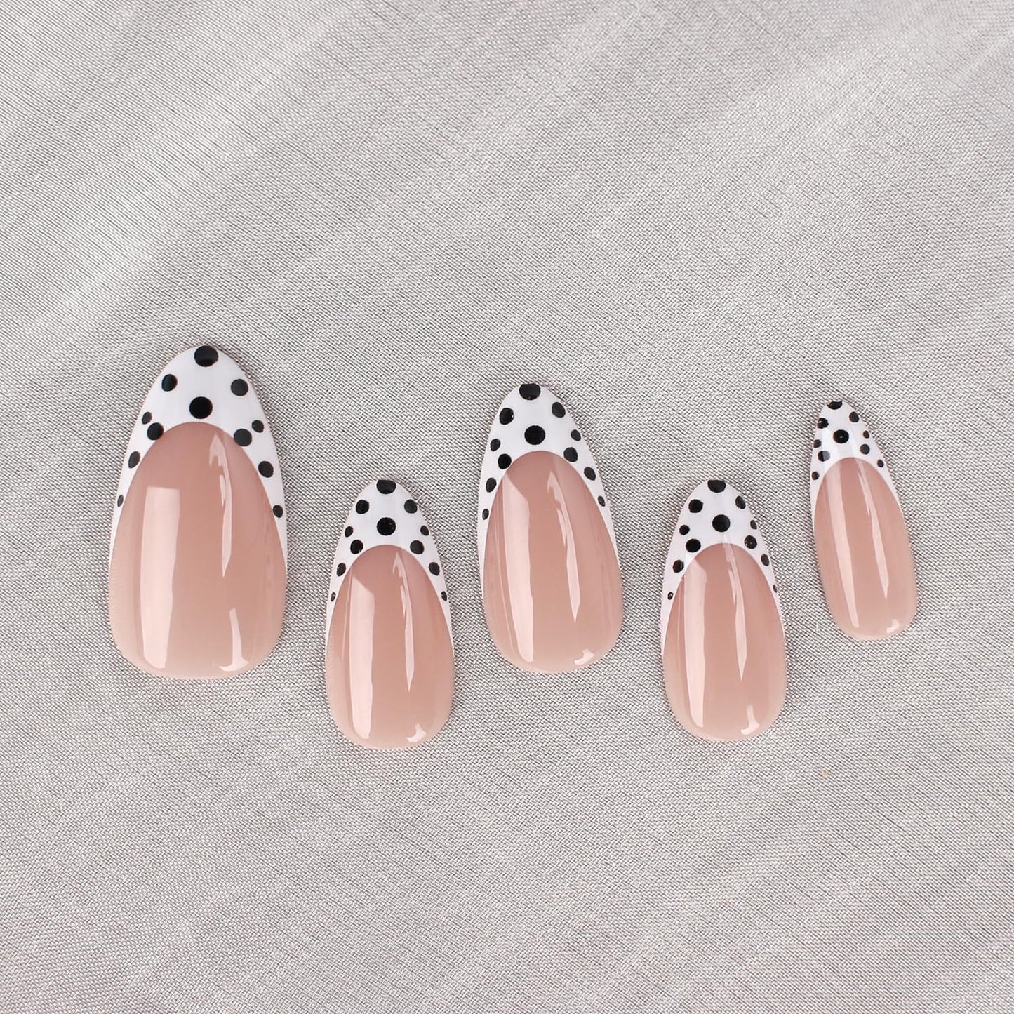 Press On Nails Almond Medium – Nude Pink French Tips with Black & White Polka Dot Design, 24PCS Glossy Acrylic Fake Nails, Reusable Stick On Nails Kit with Glue & Tools for Women, Trendy DIY Manicure