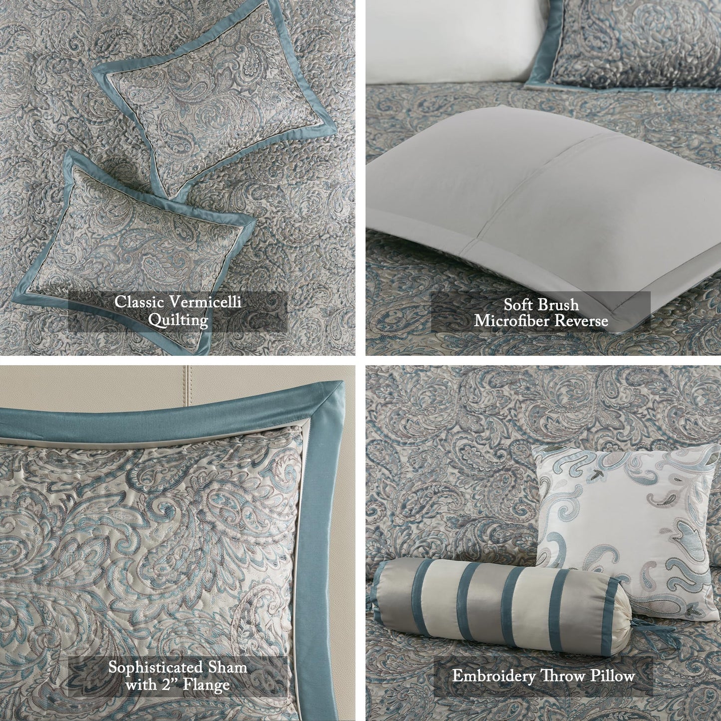 Madison Park Aubrey Reversible Quilted Bedspread Set, Solid Reverse Summer Breathable, Lightweight All Season Bedding Layer, Matching Shams, Bedspread Queen(102"x118") Teal 5 Piece