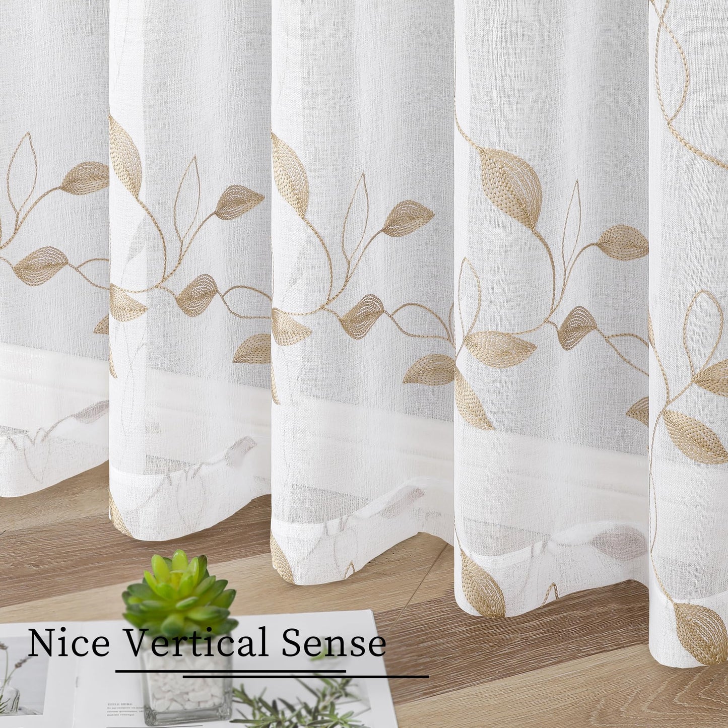 Tollpiz Taupe Leaf Sheer Curtain Leaves Embroidered Bedroom Curtains Rod Pocket Voile Window Treatments for Living Room, 38 x 63 inches Long, Set of 2 Panels