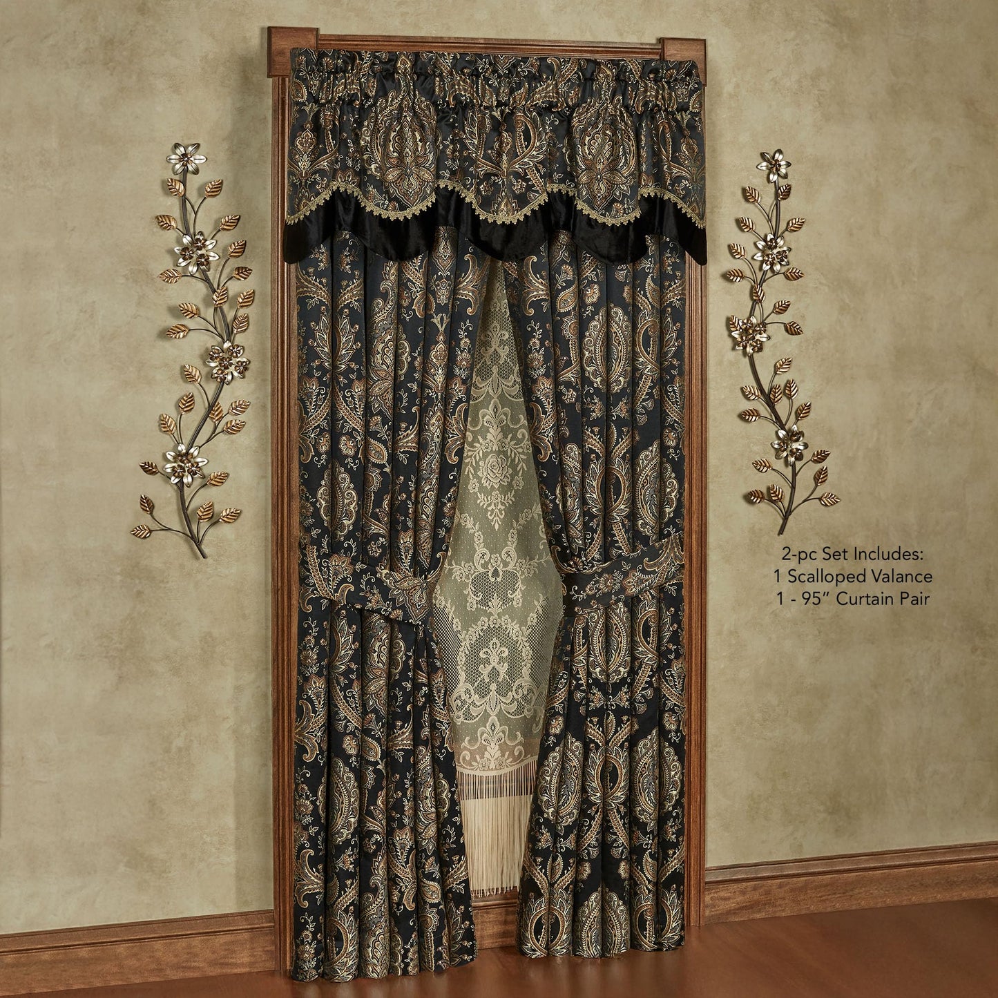 Bellevue Traditional Luxury Window Treatments | Elegant Tapestry-Style Woven Medallions and Florals | Neutral, Black, & Metallic Gold | Lined Drapery Set Includes Scalloped Valance & 95L Curtain Pair