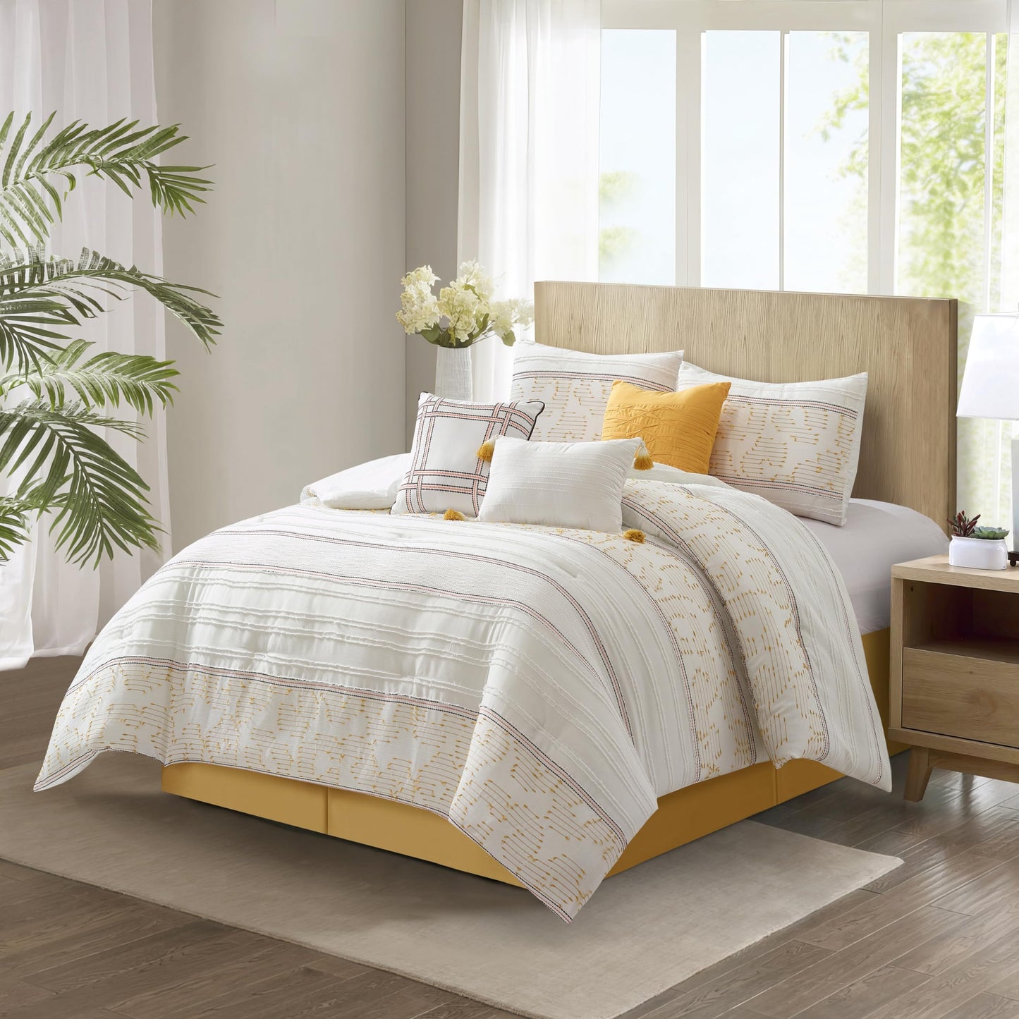 Stratford Park White Yellow Jacquard Comforter Set Queen Size, 7 Piece Striped Bedding Set, All Season Home Decor, Matching Pillow Shams, Bedskirt, Decorative Pillows