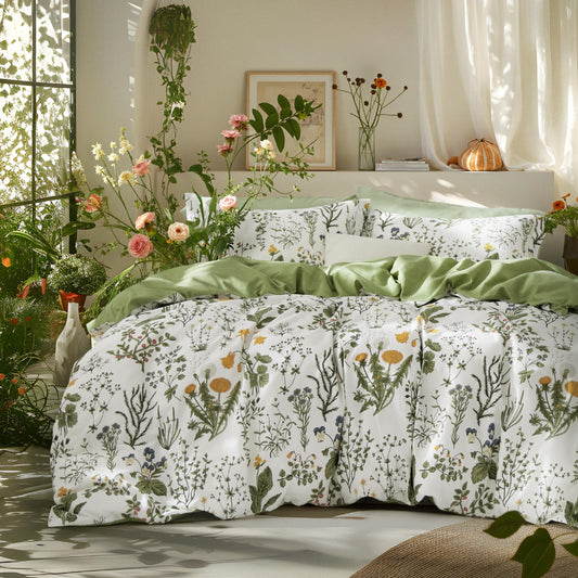 Bedsure Duvet Cover Queen Size - 100% Cotton Reversible Floral Queen Duvet Cover Set with Zipper Closure, 3 Pieces Soft & Breathable PureWoven Green Bedding Set with 2 Pillow Shams 20"x26"