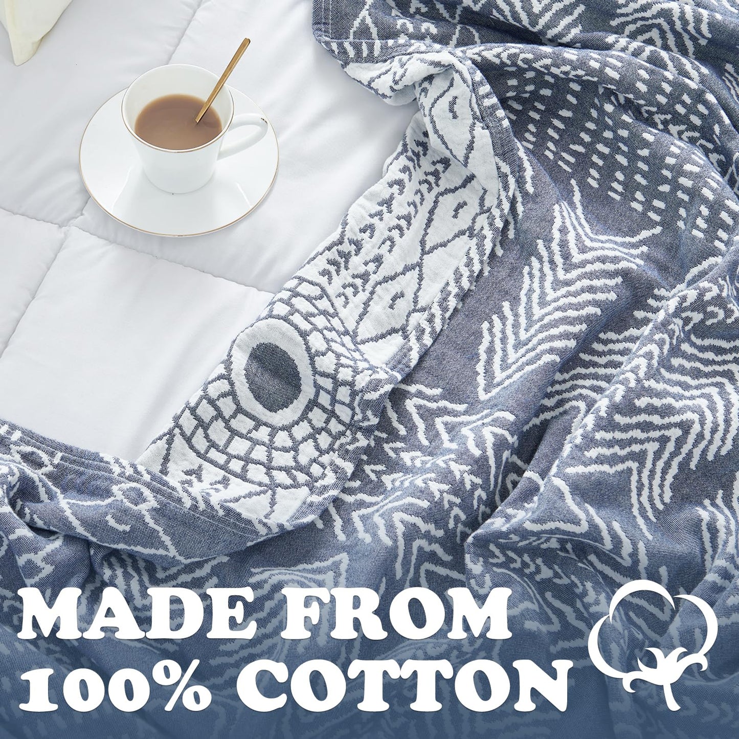 jinchan Boho 100% Cotton Muslin Blanket 3-Layer Queen Size 80x90 Inches Geometric Blue Lightweight Reversible Soft Cozy Comfy Throw for Couch Sofa Bed Coverlet Quilt Large Blanket Bedroom All Seasons