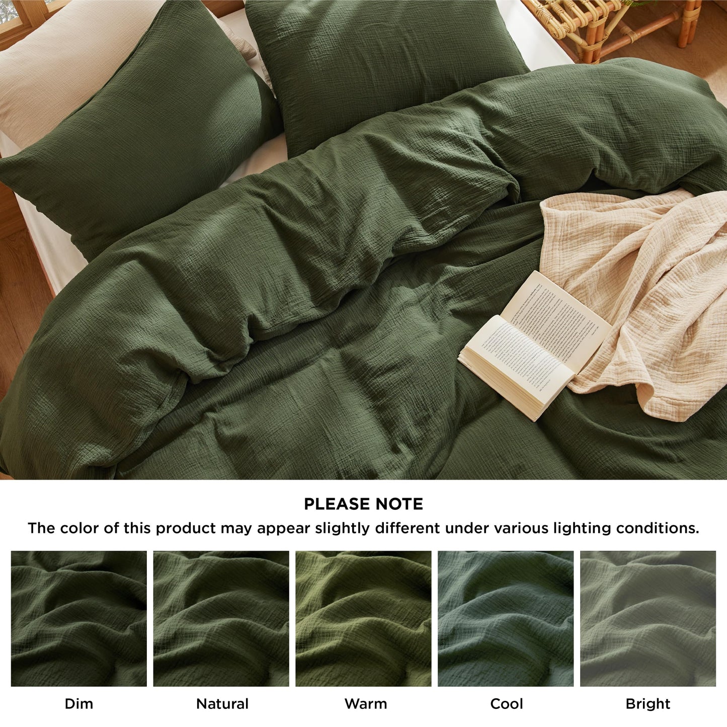 Bedsure 100% Muslin Cotton Duvet Cover King Size - Ultra-Soft Gauze Duvet Cover, PureWoven Breathable & Lightweight Bedding Set with Zipper Closure and Corner Ties (Olive Green, King, 104"x90")