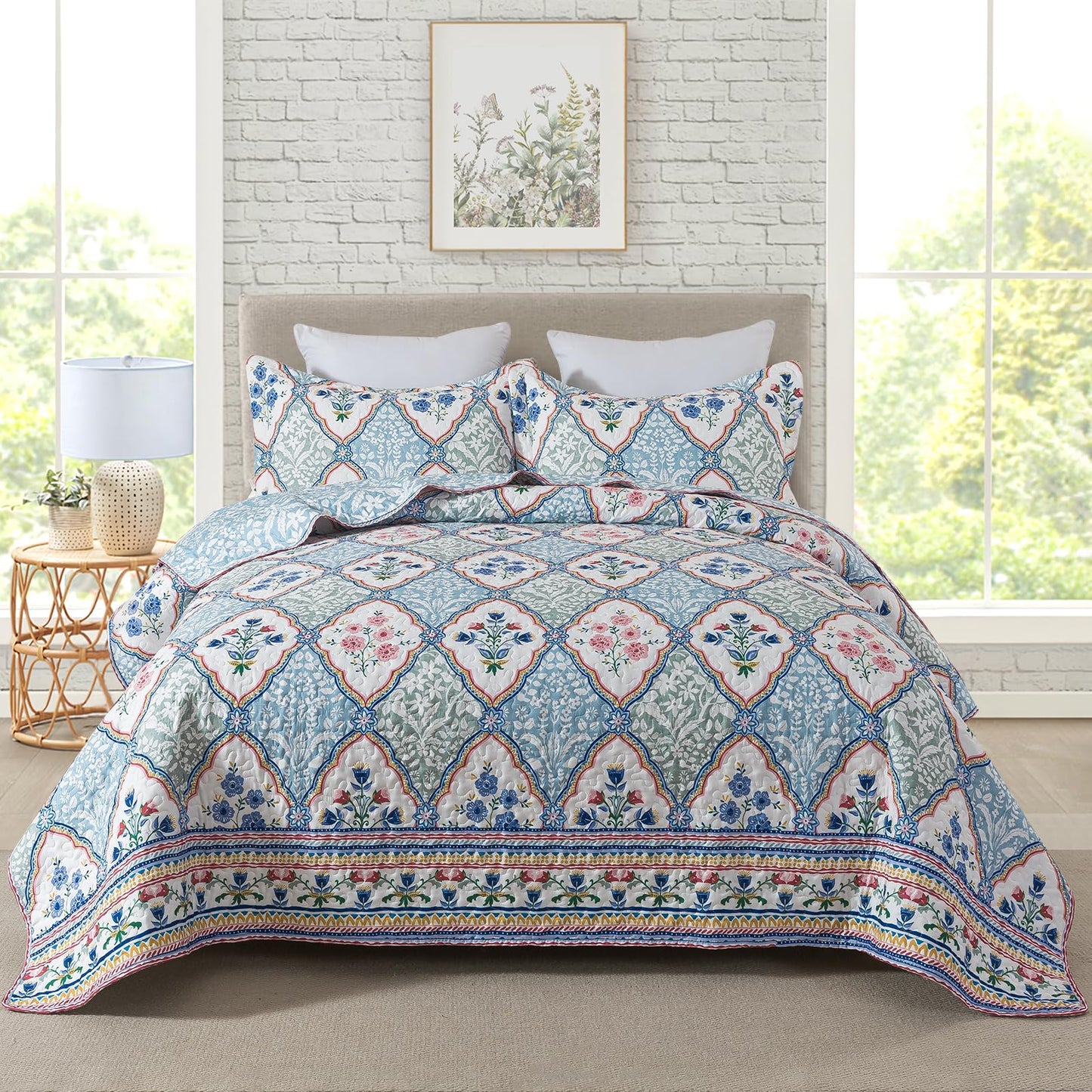 Travan 3-Piece Quilt Set Quilted Bedspread Reversible Quilted Bedding Set Garden Style Floral Printed Oversized Quilted Bedding Set with Shams for All Season, Exquisite, King Size