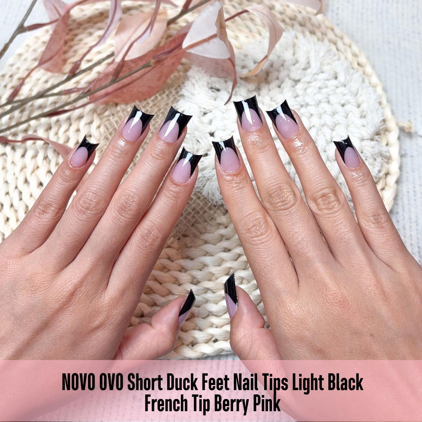 NOVO OVO Duck Nails Short with Moon Curve Black French Tips Berry Pink, 240Pcs Soft Gel Flare Wide French Full Cover False Nail Tips, Press on Acrylic Extension (15 Sizes)