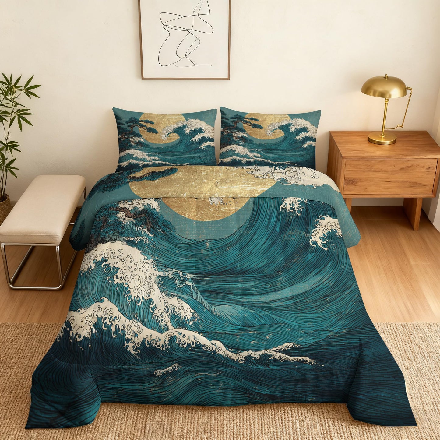 ZDABAOEC Japanese Wave Twin Comforter Set 2 Piece, 1 Pillow Sham, Oriental Asian Japan Style Reversible Down Alternative All Season Bedding, Soft Microfiber, Japanese Wave Bedroom Decor