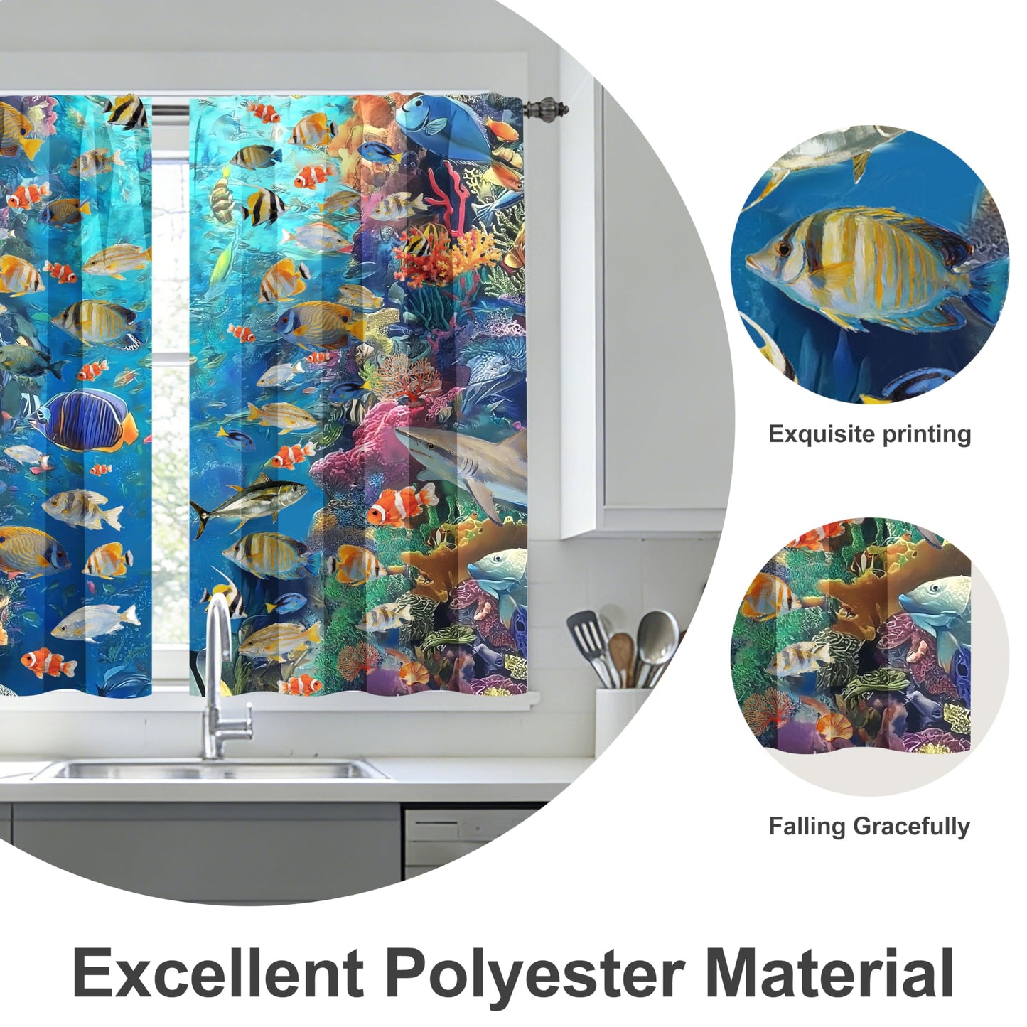 Ecixzyo Fish Kitchen Curtains Short Rod Pocket Drapes Tiers Window Curtains for Basement Bathroom 2 Panels 28x36in