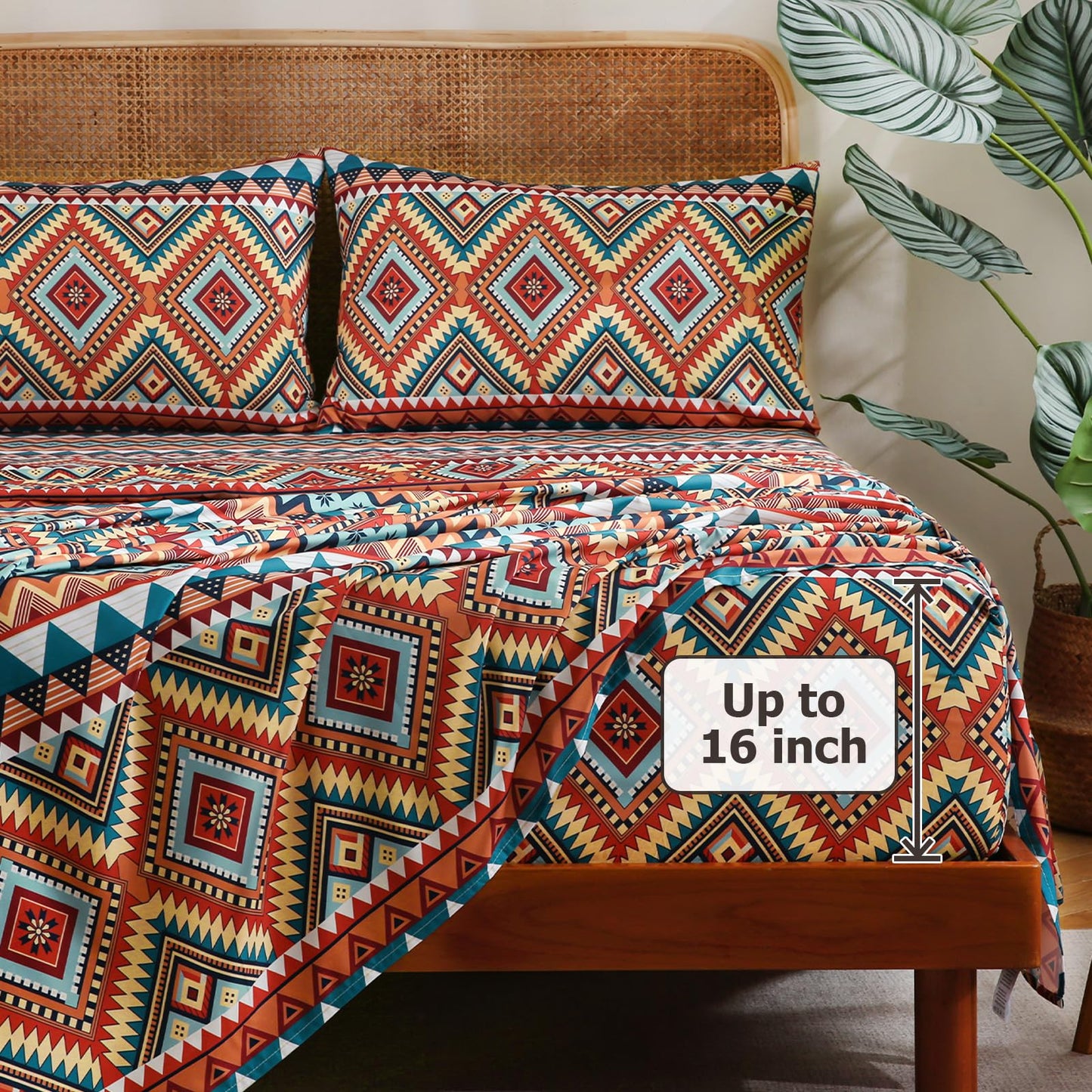 CozySmile 4 Pieces Queen Sheet Set Bohemian, Boho Sheets Soft Microfiber Deep Pocket, Western Sheets Geometric(Queen, Rust Turquoise Diamond)