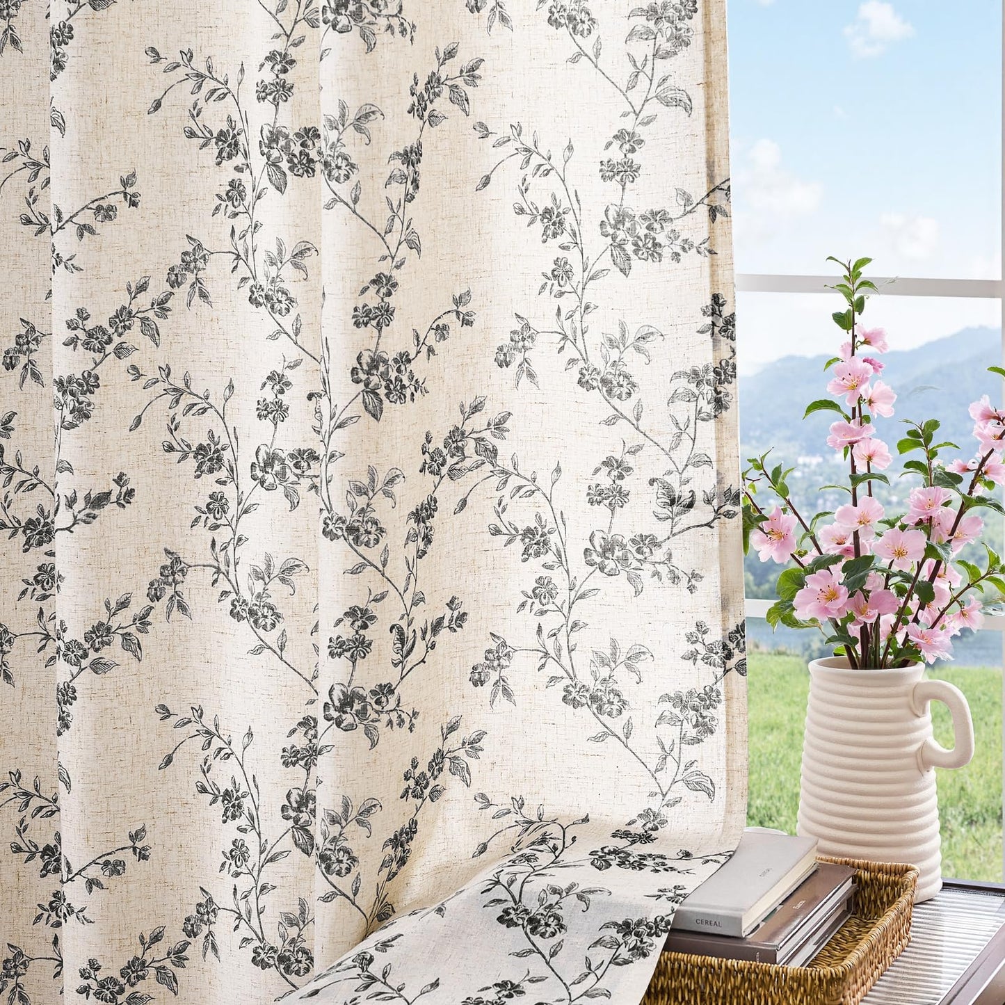 jinchan Linen Floral Curtains 63 Inch Farmhouse Country Flower Drapes Rustic Window Curtains Light Filtering for Living Room Bedroom Laundry Back Tab 2 Panels Black on Beige