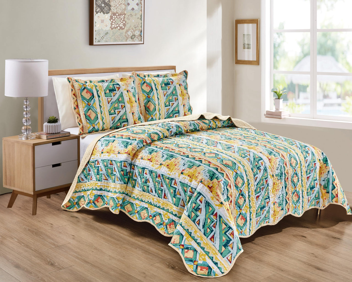 Grand Linen 3-Piece King Size Wave Edged Oversized Quilt Set 120 inch X 106 inch All Seasons Large Bedspread, Pillow Shams Lightweight Soft Coverlet Green Blue Beige Colors Bed Cover Geometric Pattern