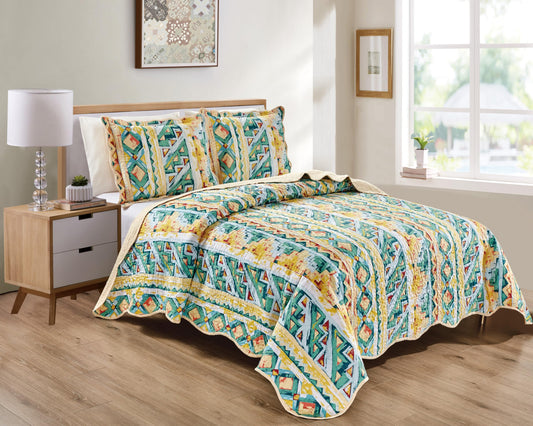 Grand Linen 3-Piece King Size Wave Edged Oversized Quilt Set 120 inch X 106 inch All Seasons Large Bedspread, Pillow Shams Lightweight Soft Coverlet Green Blue Beige Colors Bed Cover Geometric Pattern