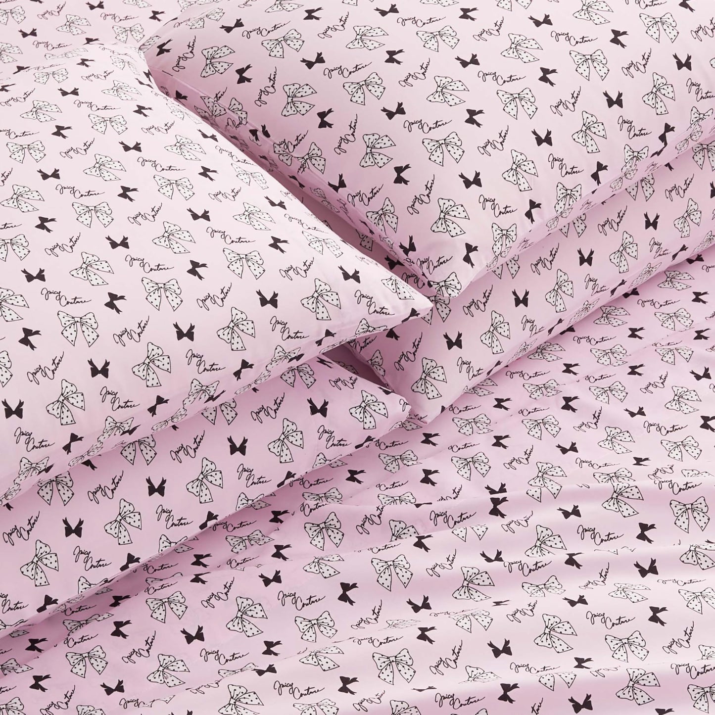 Juicy Couture Printed Microfiber 4-Piece Twin Sheet Set, Polka Dot Bow Toss Light Pink