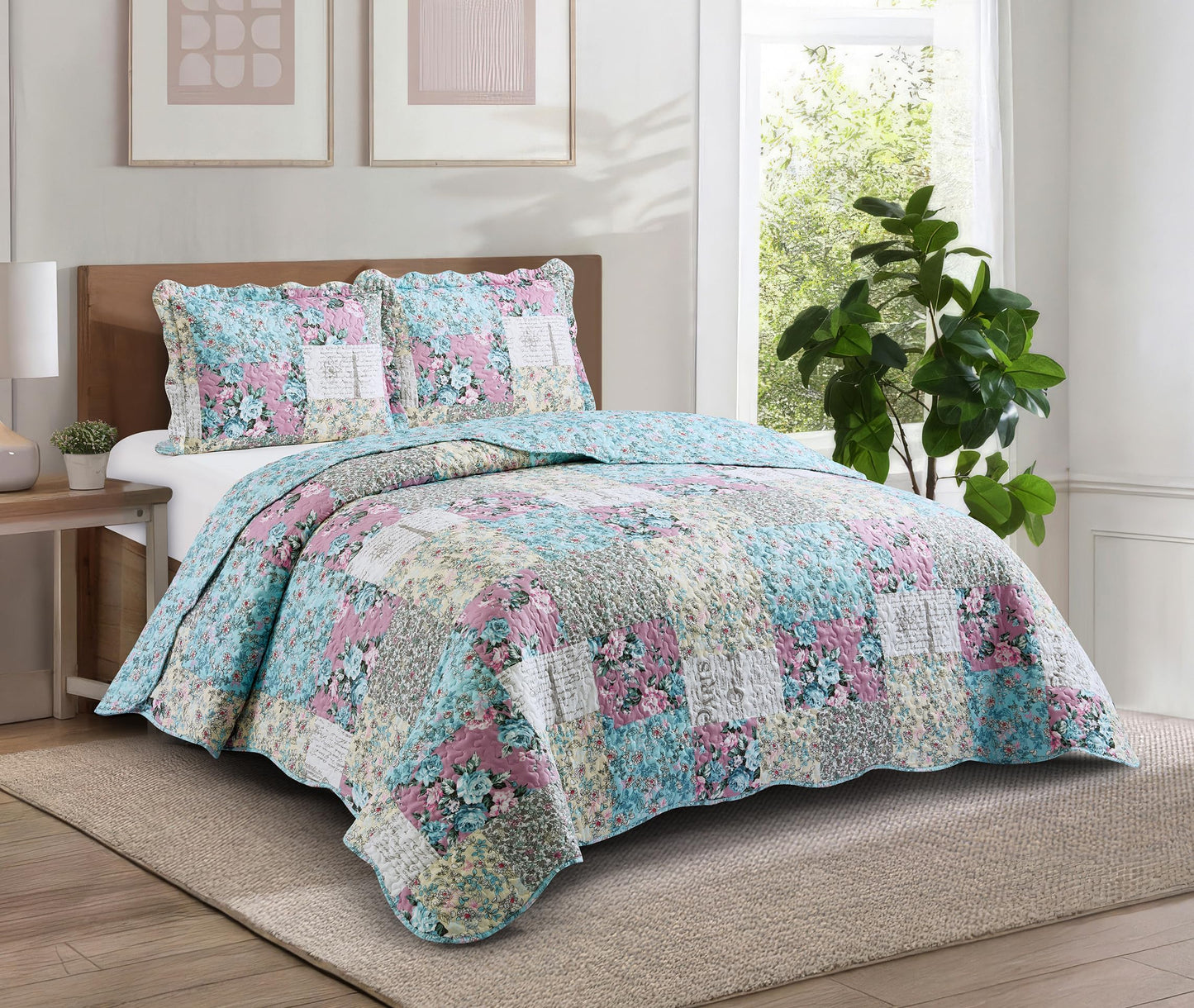 Brilliant Sunshine Lilac Rose Toile Quilt Set, 3-Piece Bedding Sets, Traditional Lively Patchwork Design, Washable, Reversible Bedspread, Soft Lightweight Coverlet, All-Season, Full/Queen, Egg Blue