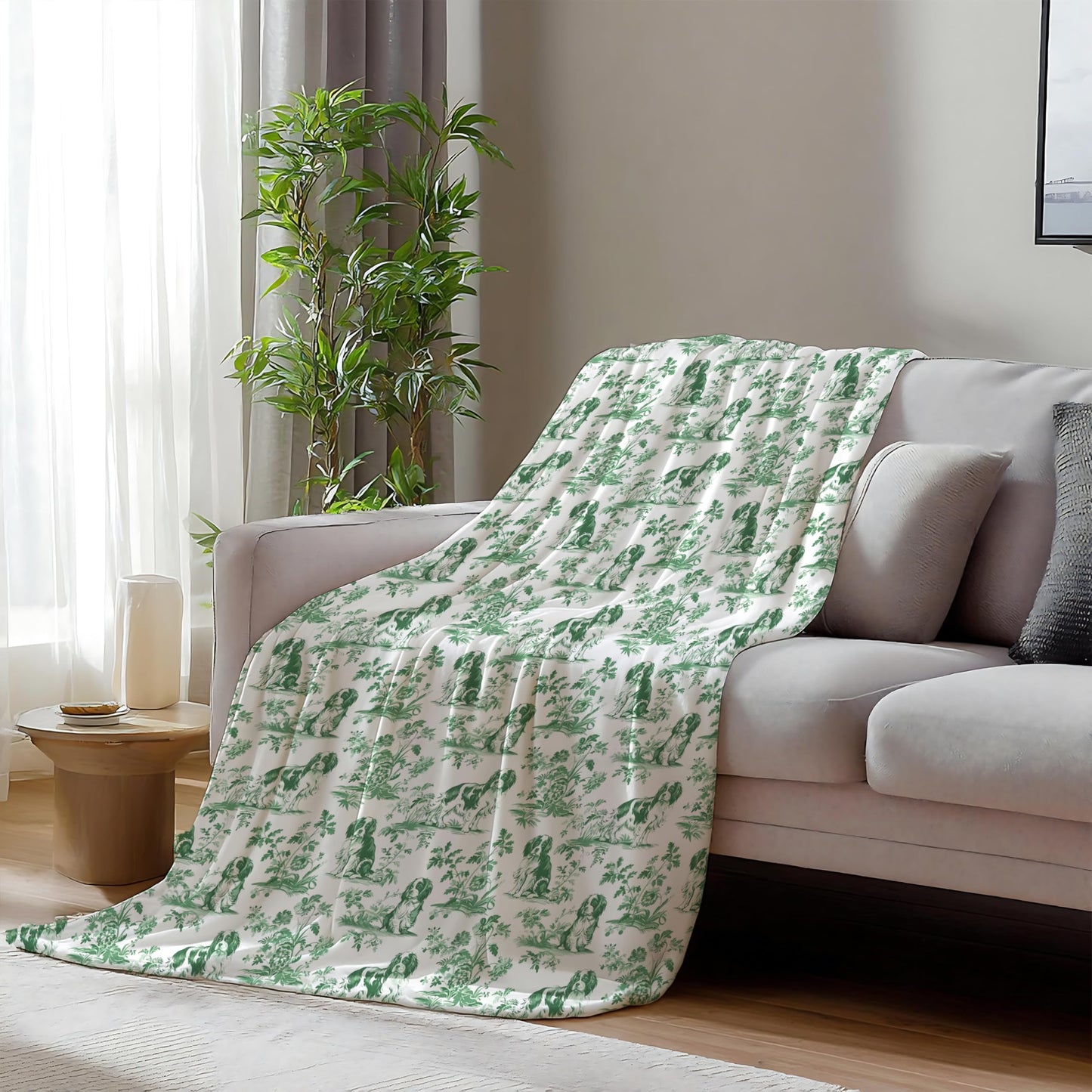 BUJSP Sage Green Chinoiserie Cavalier King Charles Spaniel Blanket, Springer Spaniel GOG Gifts,Green and White French Country Toile Dog Throw Blanket for Home Bedroom Couch Bed Decor, 50x60 Inches