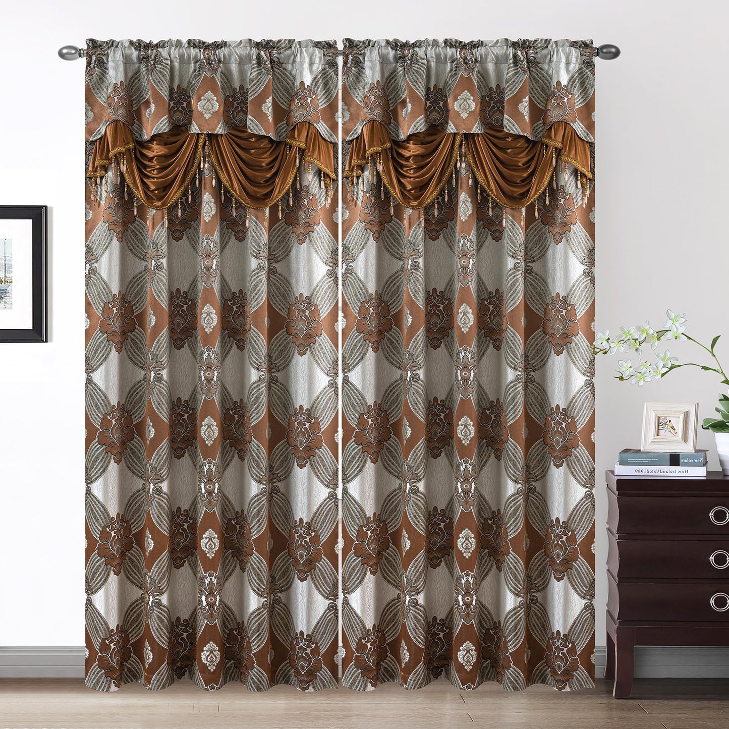 Petrichor Elegant Curtains with Gold Silver Threads 2 Panels Set - Luxury Window Treatment Attached Valance, Sheer Backing, and 2 Tie Backs for Bedroom and Living Room, 54x84 inches, Brown