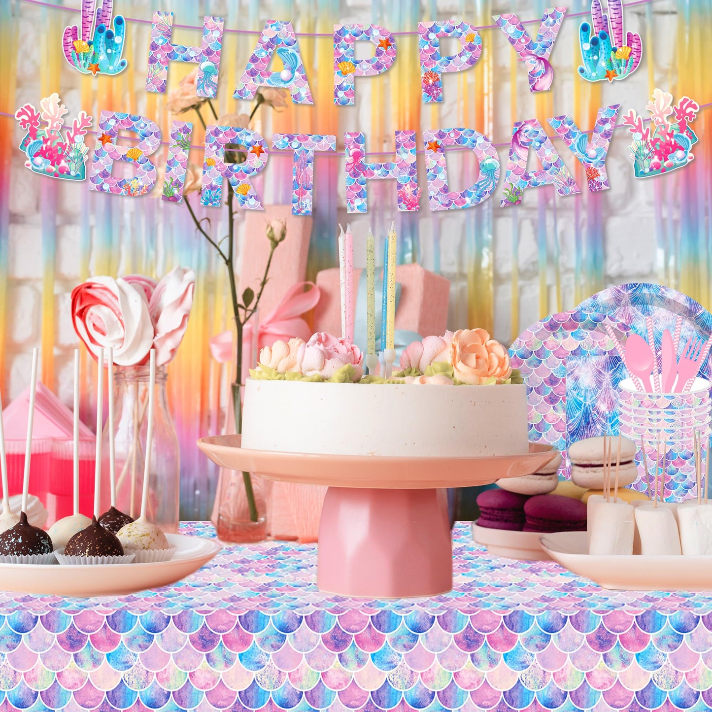 CC HOME 1Pc Fancy Mermaid Party Plastic Tablecloth 54 x 87 Inch Long Table Cover, Mermaid Scales Tail Party Tablecover for Fairy Tale Shell Kids Baby Shower Birthday Dinner Picnic Kitchen Event
