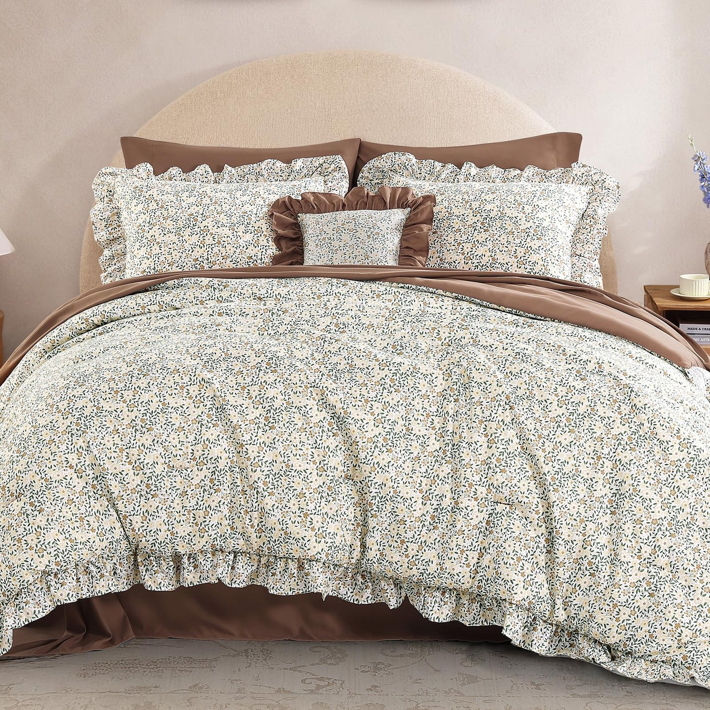 BLOOMHAVEN Queen Comforter Set - 7 Pieces Ruffle Beige Ditzy Bedding Sets, Shabby Chic Farmhouse Bed in a Bag Queen with Floral Comforter,Sheets, Pillowcases & Shams