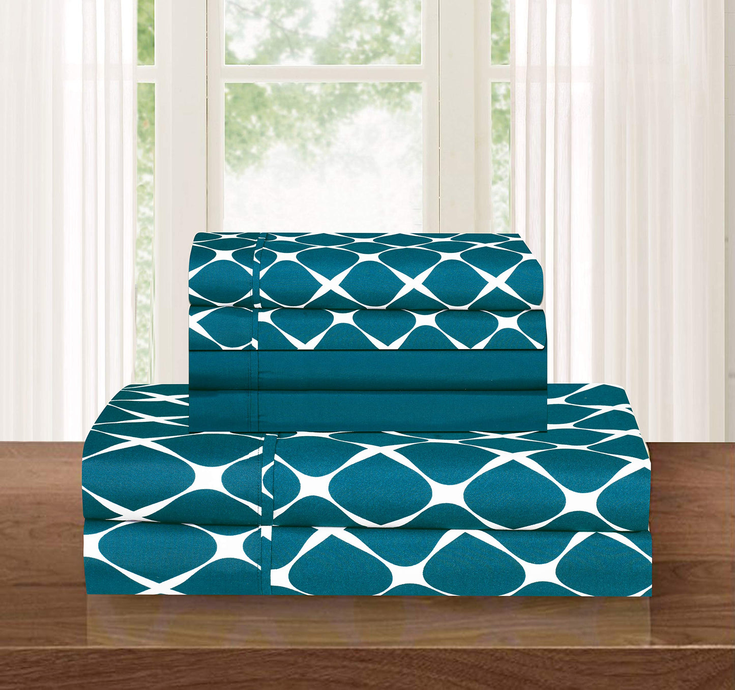 Elegant Comfort Luxury Softest and Coziest 6-Piece Bed Sheet Set, Wrinkle Resistant Milano Trellis Pattern-1500 Thread Count Egyptian Quality Microfiber Bedding Set, Queen, Teal
