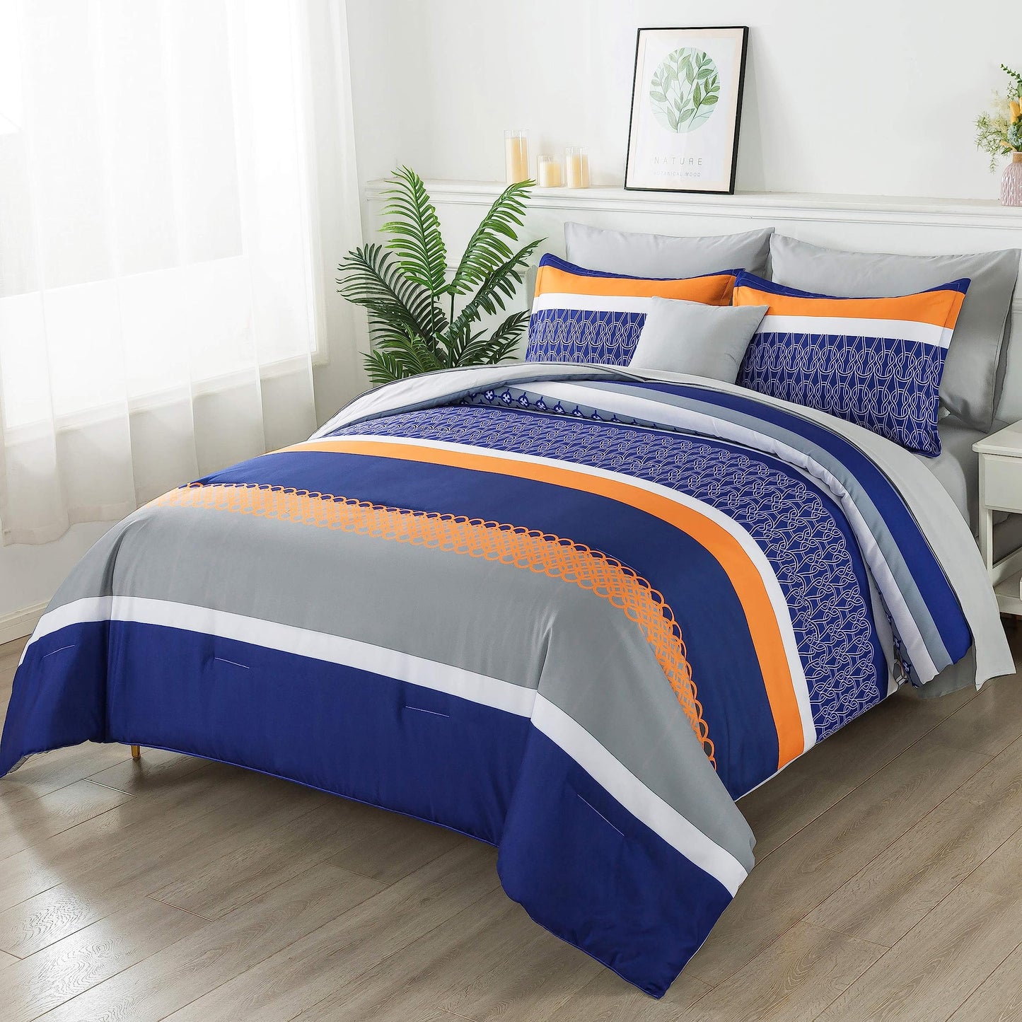 8 Pieces Bed in a Bag Stripe Comforter Set Queen Size,Blue Patchwork Striped Comforter with Sheets Set Soft Microfiber Boho Bedding Sets (Blue,Grey)