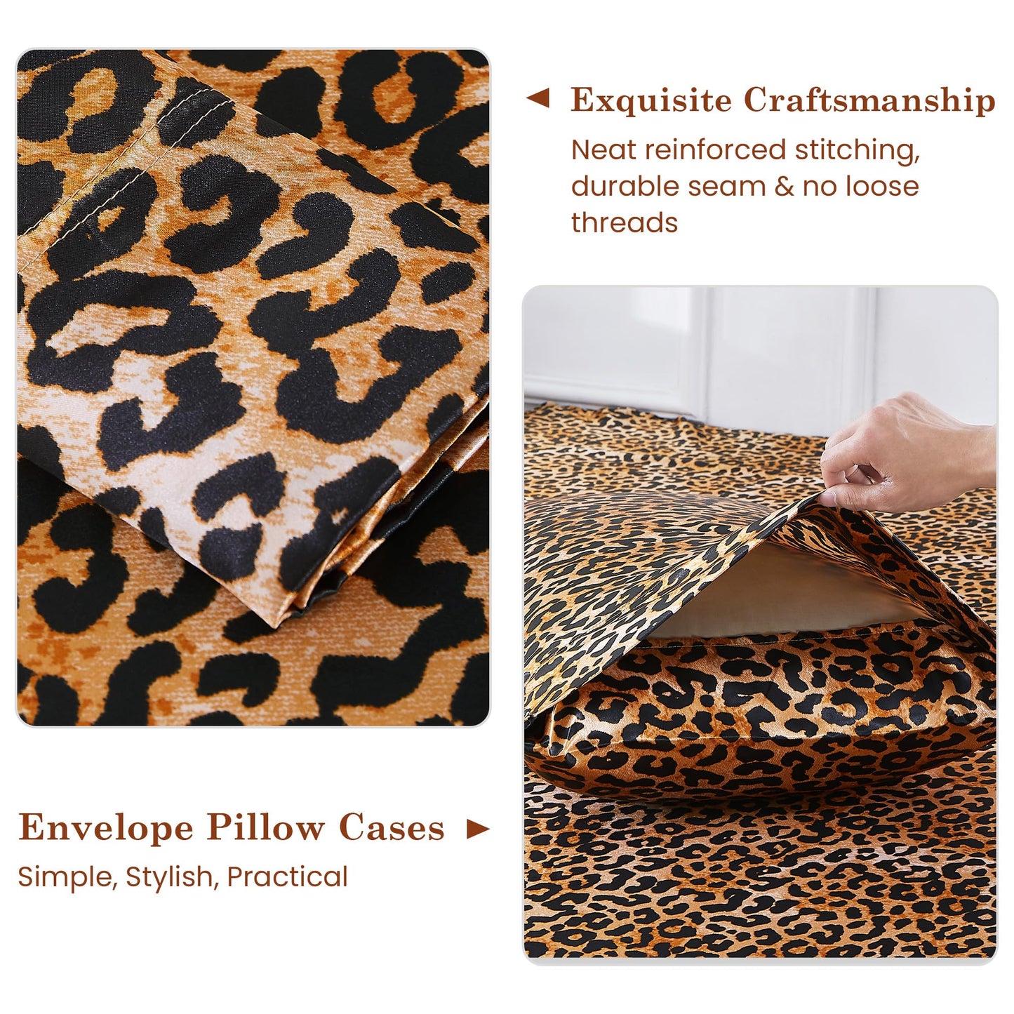 lasoftan Leopard Print Satin Sheets King, Silky Animal Printed Fitted Bed Sheet with 15" Deep Pocket & Non-Slip Straps, Luxury Hotel Satin Summer Cooling Sheets & Pillowcase Set, Yellow