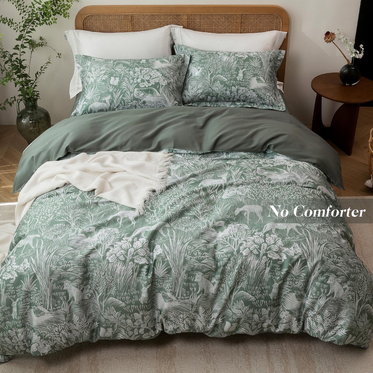 MILDLY Queen Size Duvet Cover Set 100% Long-Staple Cotton Luxury Green Floral Patten Reversible Comforter Cover Set 3Pcs