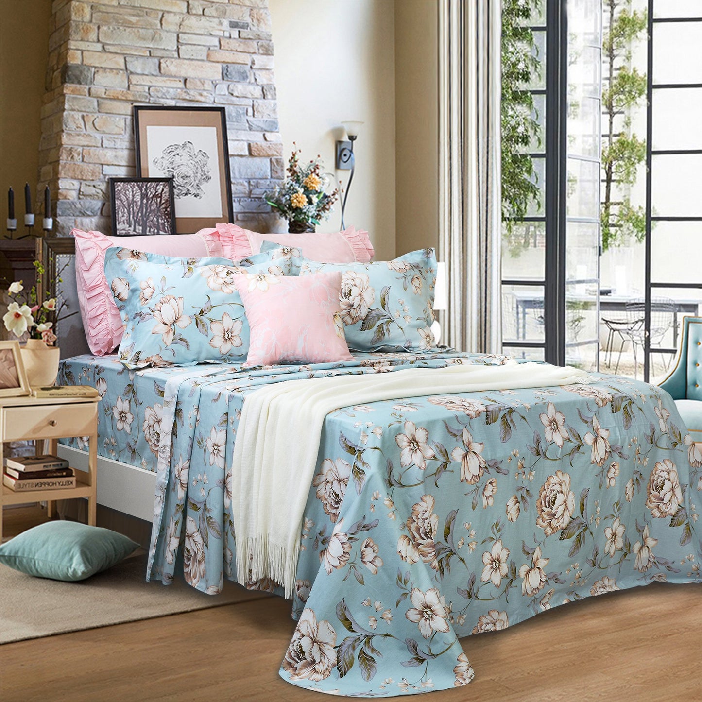 FADFAY Shabby Floral Bed Sheet Set Farmhouse Bedding Blue Cotton Winter Bedding Deep Pocket Sheets 4-Piece King Size