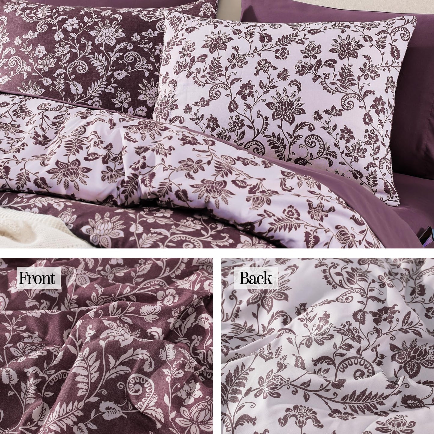 BLOOMHAVEN Queen Comforter Set -7 Pieces Floral Dark Purple Comforter Set for All Seasons, Bed in a Bag Queen with Botanical Flowers Comforter, Sheets, Pillowcases & Shams