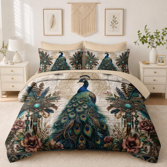 Boewywh Comforter Set Twin Size Peacock Boho Floral 7 Pcs, Bedding for Kids and Adults, Vintage Teal Bed Sheet Sets with Fitted Sheet 2 Pillowcases & 2 Shams for Bedroom Bed Decor