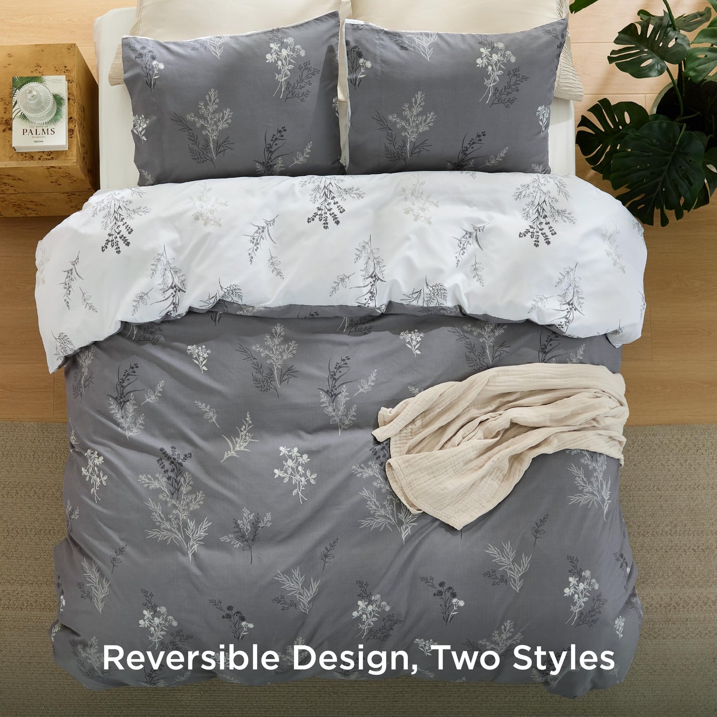 Bedsure Duvet Cover King Size - Reversible Floral Duvet Cover Set with Zipper Closure, 3 Pieces Grey Bedding Set with 8 Corner Ties and 2 Pillowcases 20"x36"