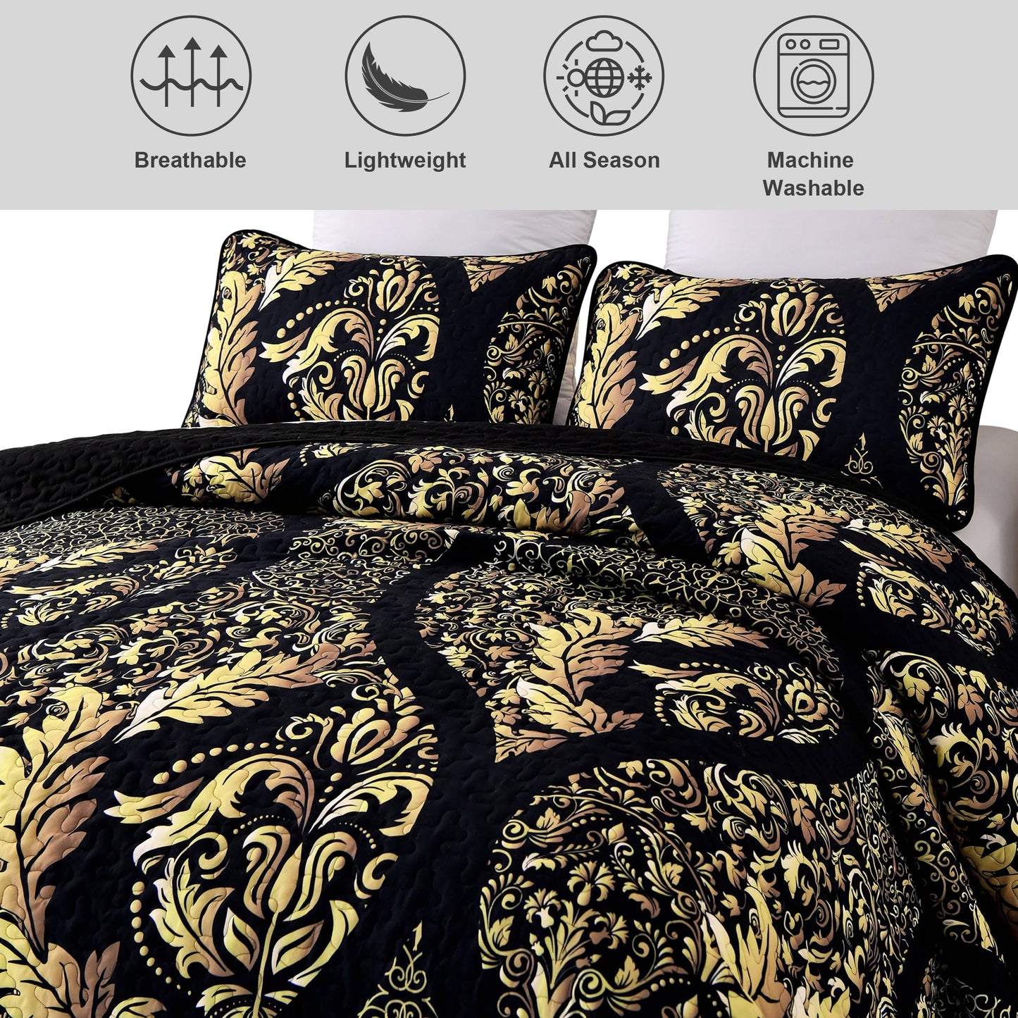 DJY Black Quilt Set Queen Size, Boho Gold Damask Bedspread Coverlet Set Soft Lightweight Microfiber Luxury Bedding Set 3 Pieces for All Season (96"x90")